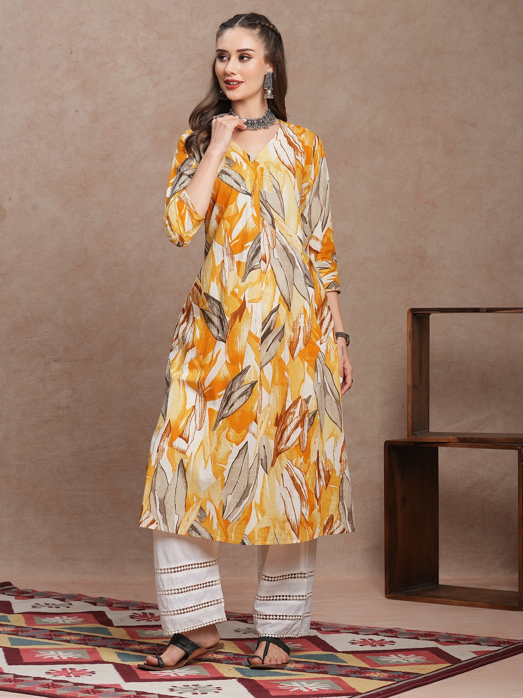 FASHOR Abstract Floral Printed A-Line Kurta - Yellow