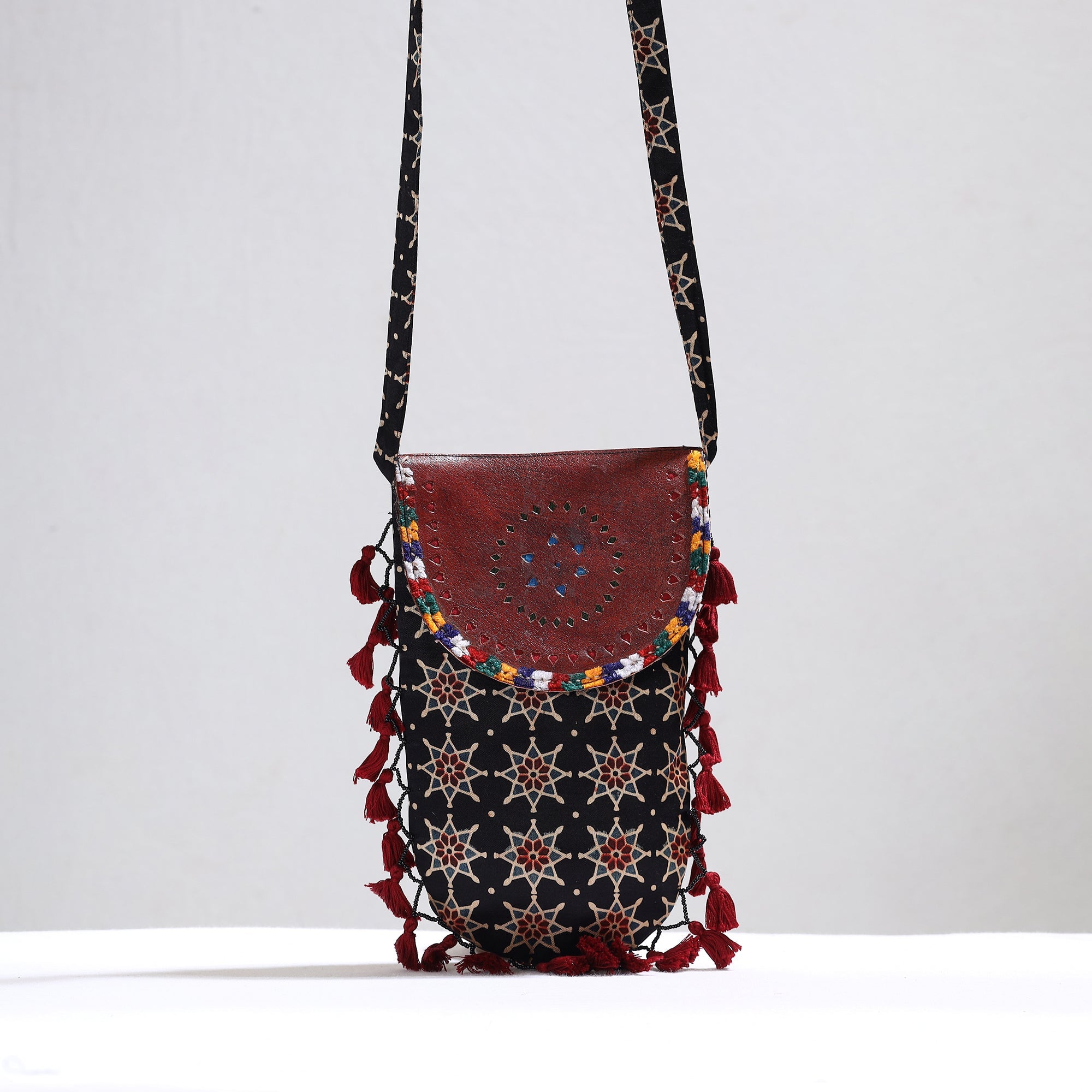 KACHCHH JI CHHAAP Black - Kutch Leather & Mashru Silk Sling Bag with Tassels 24
