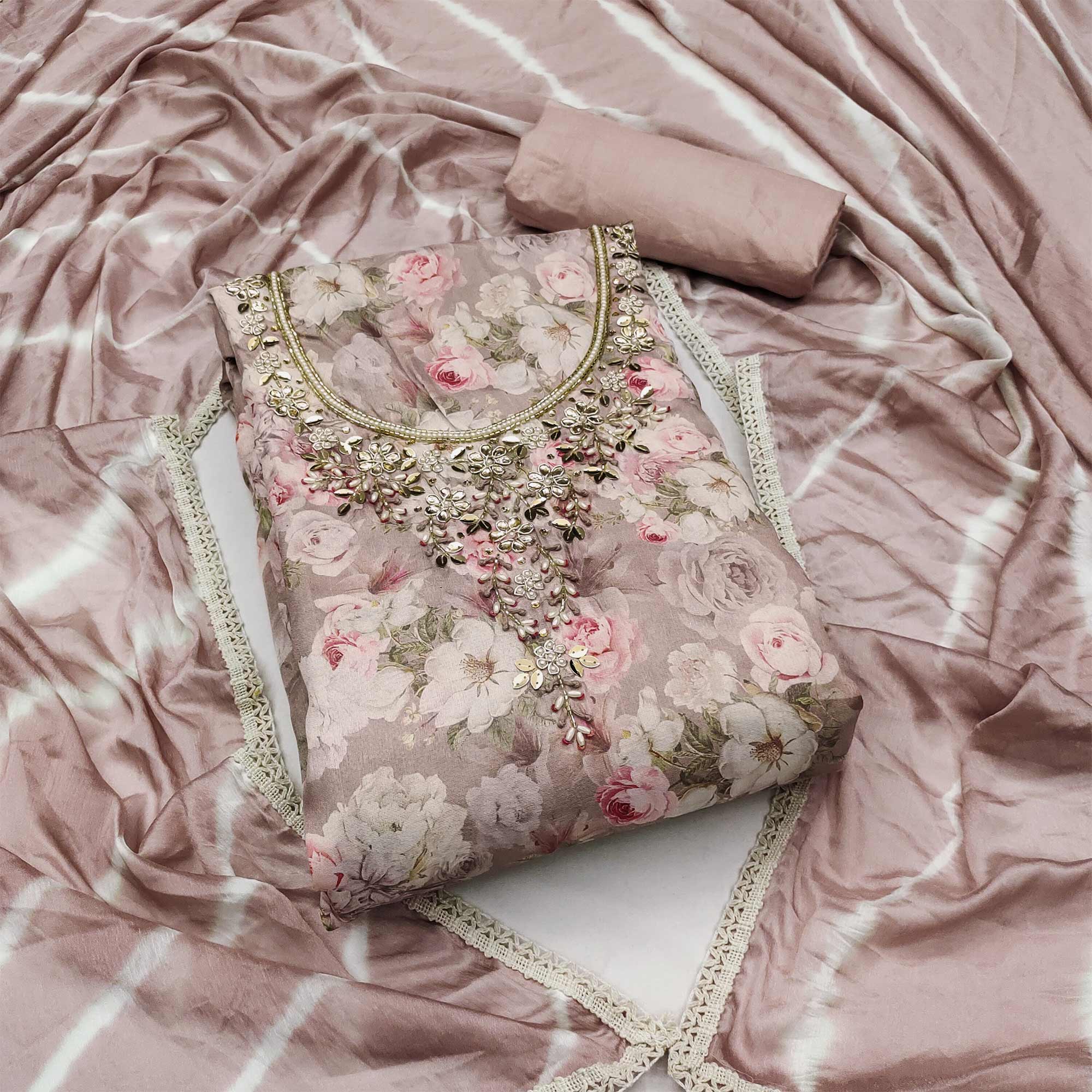 Peachmode Dusty Peach Floral Digital Printed With Hand Embroidery Muslin Dress Material