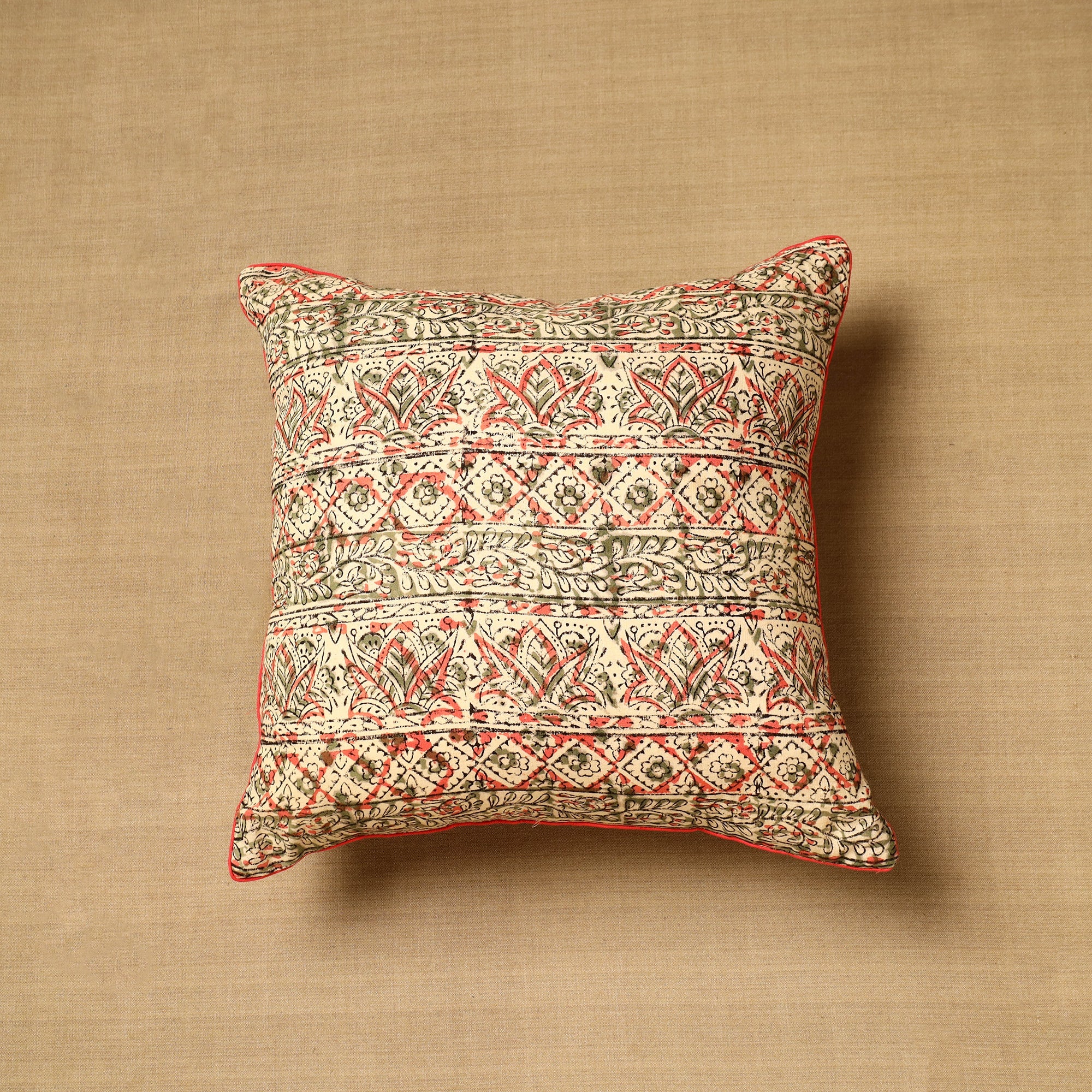 NOORI BAZAR Beige - Block Print Cotton Kalamkari Cushion Cover (16 x 16 in) 71