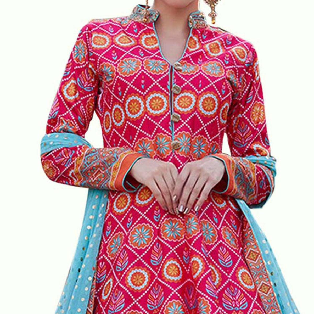 Peachmode Seller Groovy Pink Colored Partywear Digital Printed Silk Gown - view 2