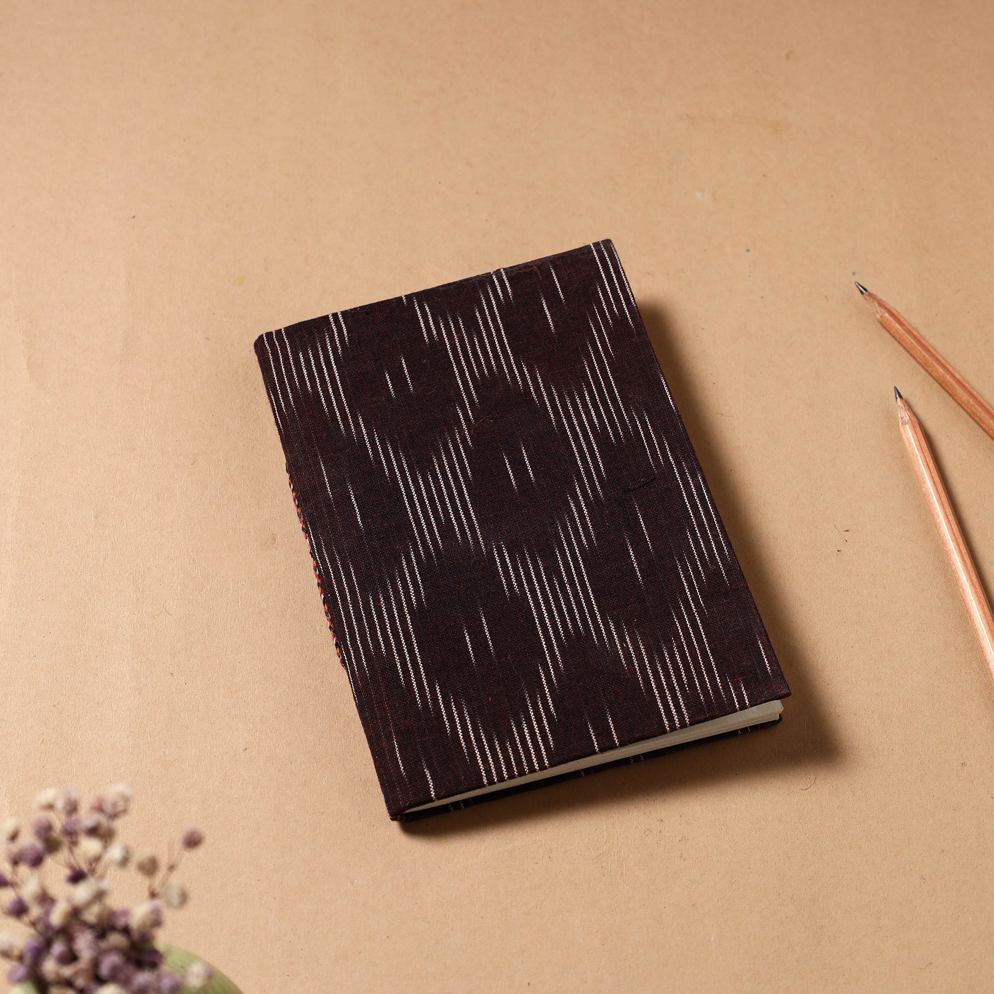 CHUTNEY CRAFT STUDIO Brown - Ikat Fabric Cover Handmade Paper Notebook (7 x 5 in)