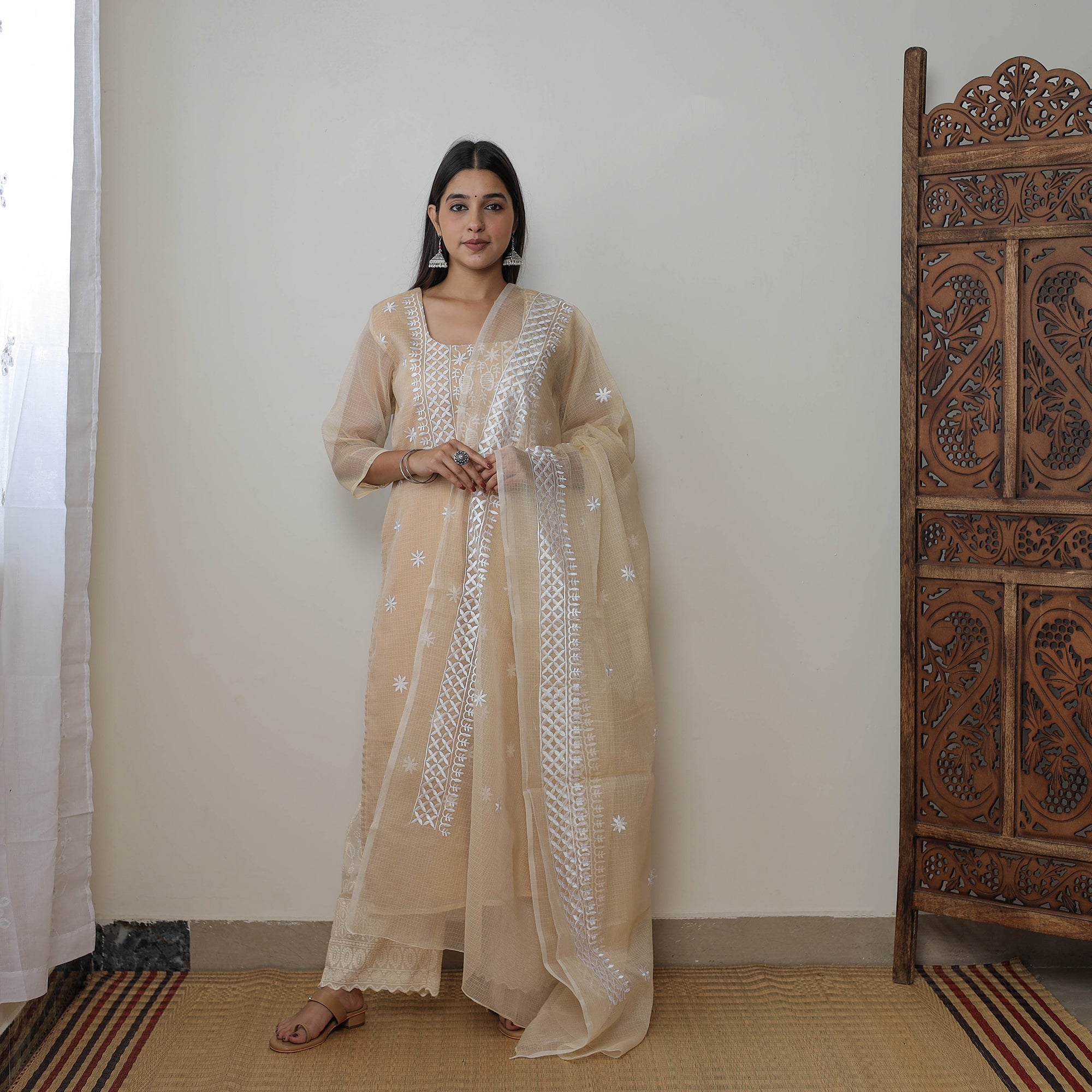 ITOKRI CASUALS Beige - Kota Doria Cotton Embroidery Kurta Suit Set 10 - view 2