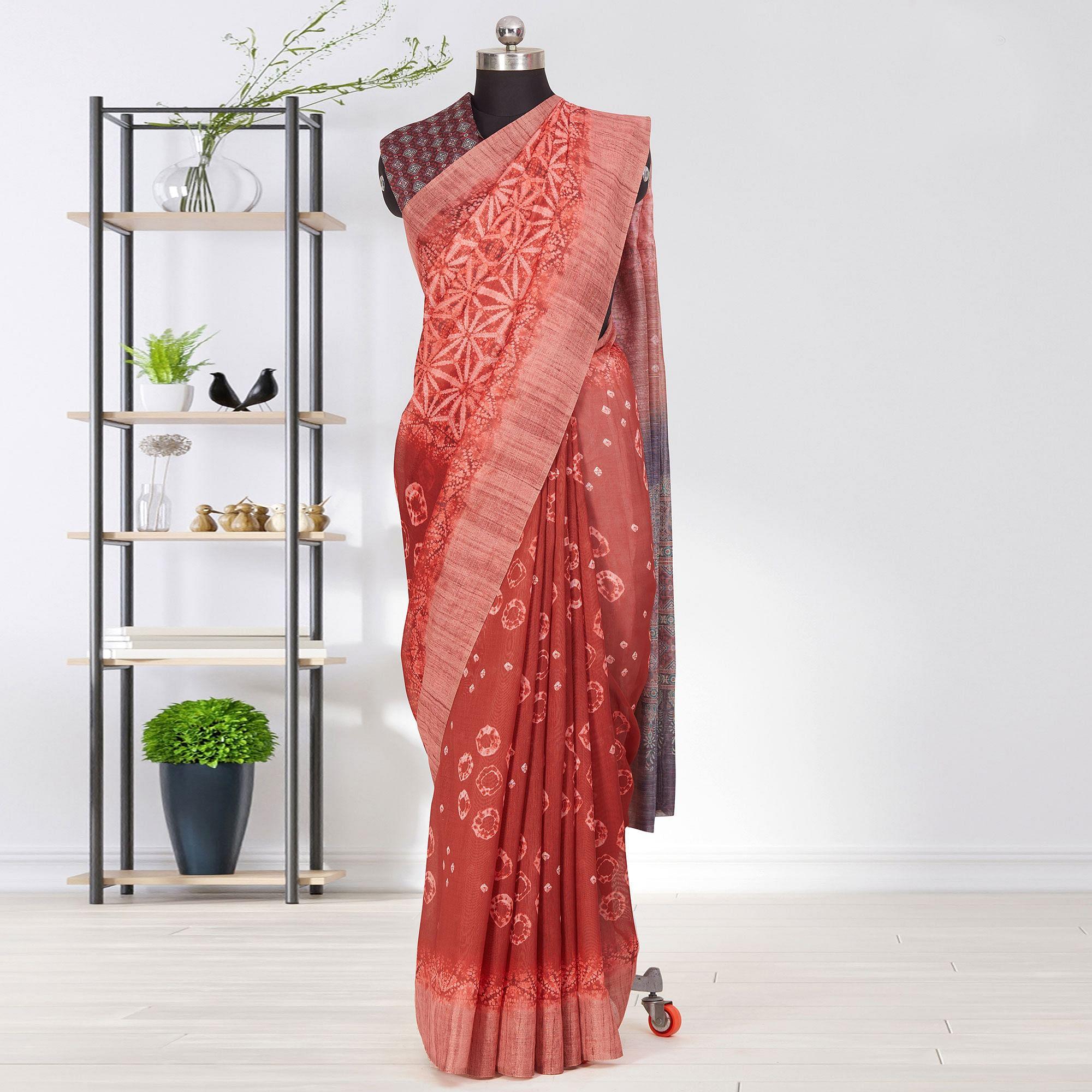 Peachmode Groovy Burgundy Coloured Casual Wear Printed Linen Saree