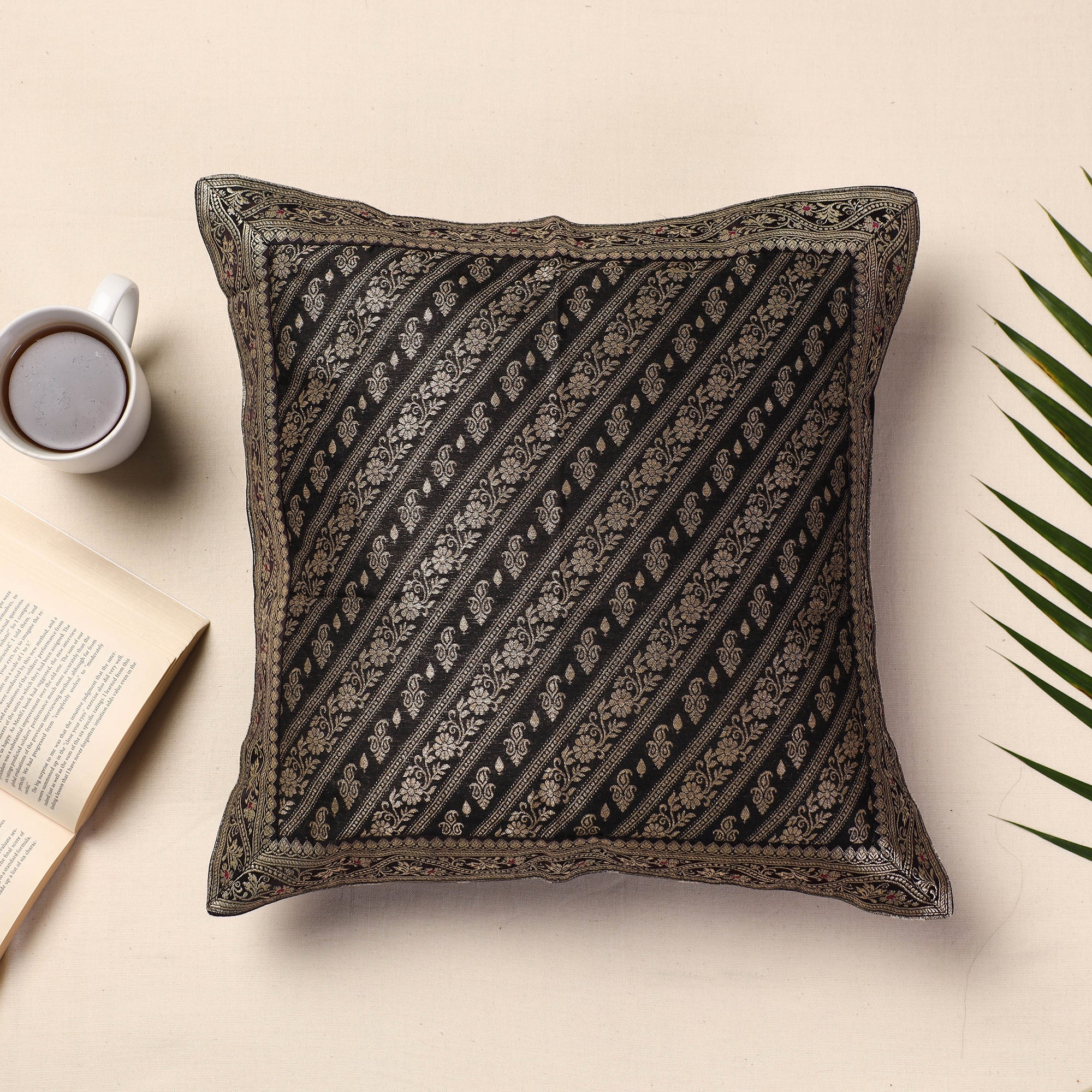 BANARASI BY MAQBUL HASAN Black - Banarasi Handwoven Silk Zari Cushion Cover (16 x 16 in)