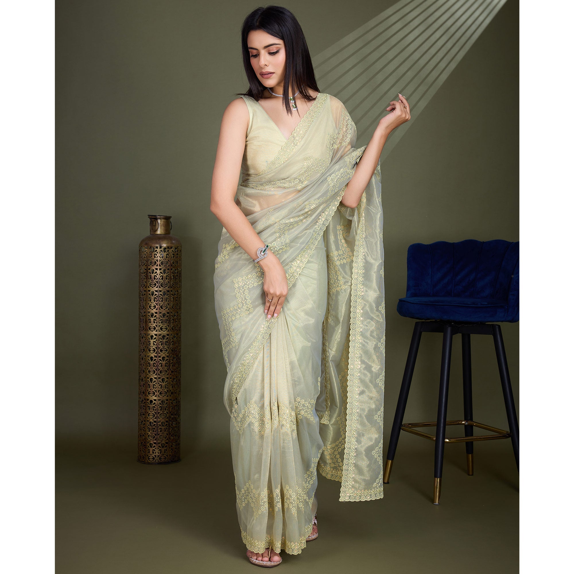 Peachmode Light Olive Green Sequins Embroidered Shimmer Net Saree - view 4