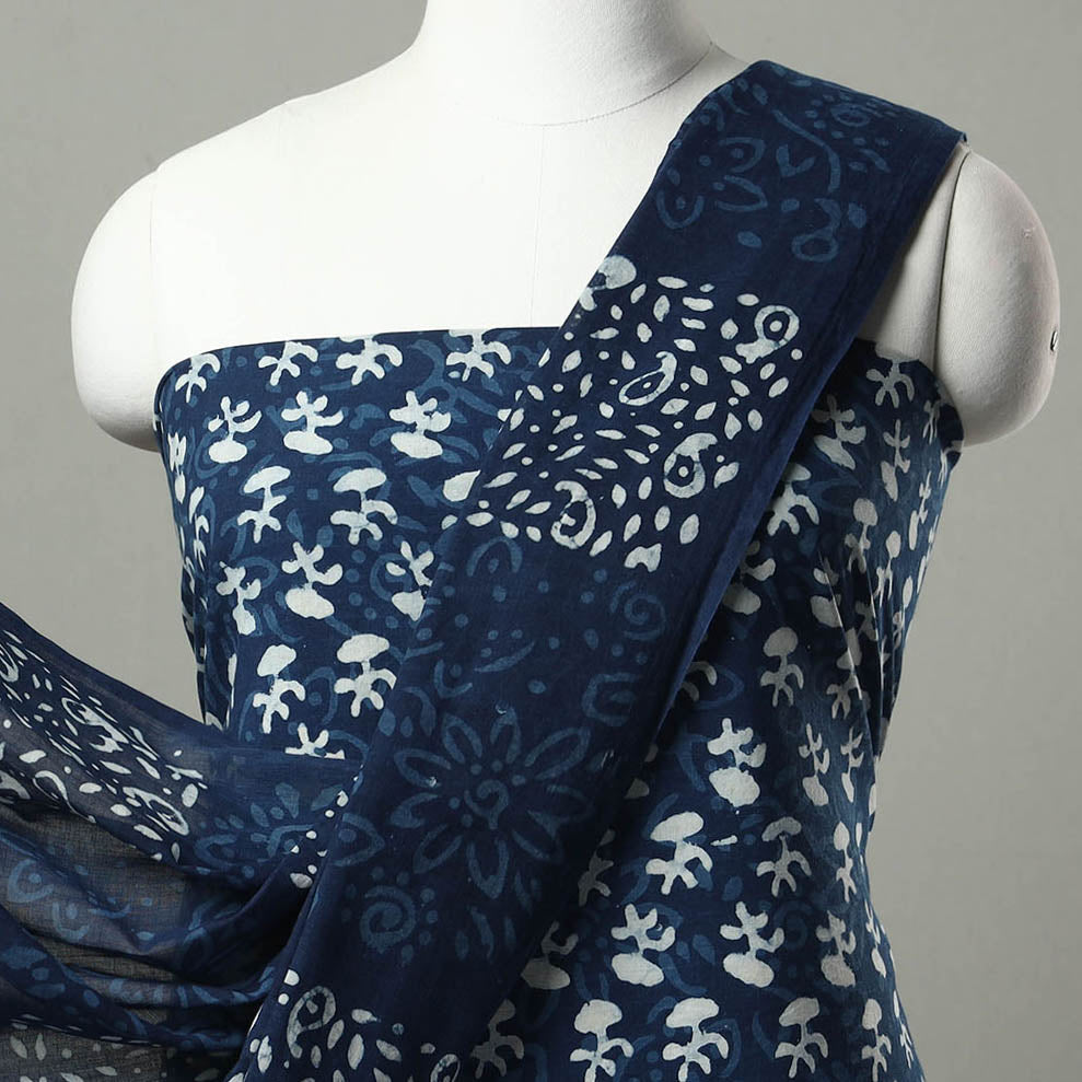 ARTISAN HAND BLOCK PRINTS Blue - 3pc Indigo Bagru Block Print Cotton Dress Material Set 05 - view 3