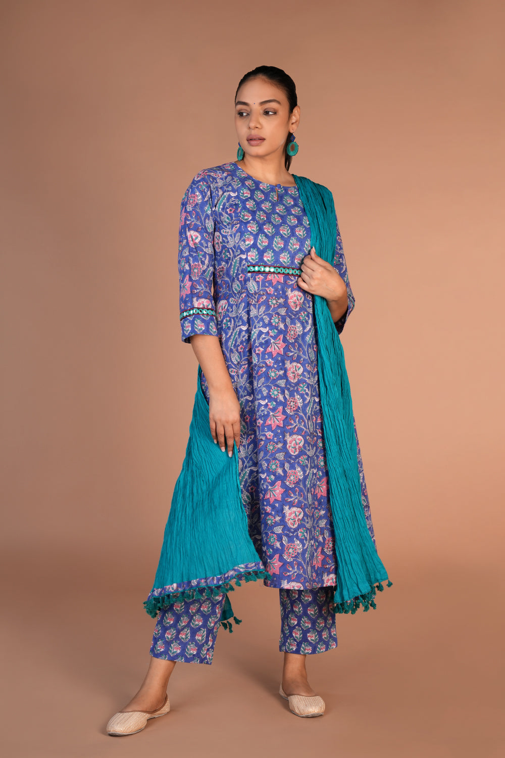 Kalanjali Ethnics Floral block printed kurta, pants and dupatta set