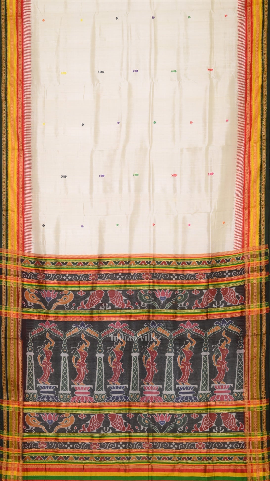 IndianVillèz White Green Kathiphera Khandua Silk Saree with Odissi Dancer Pallu