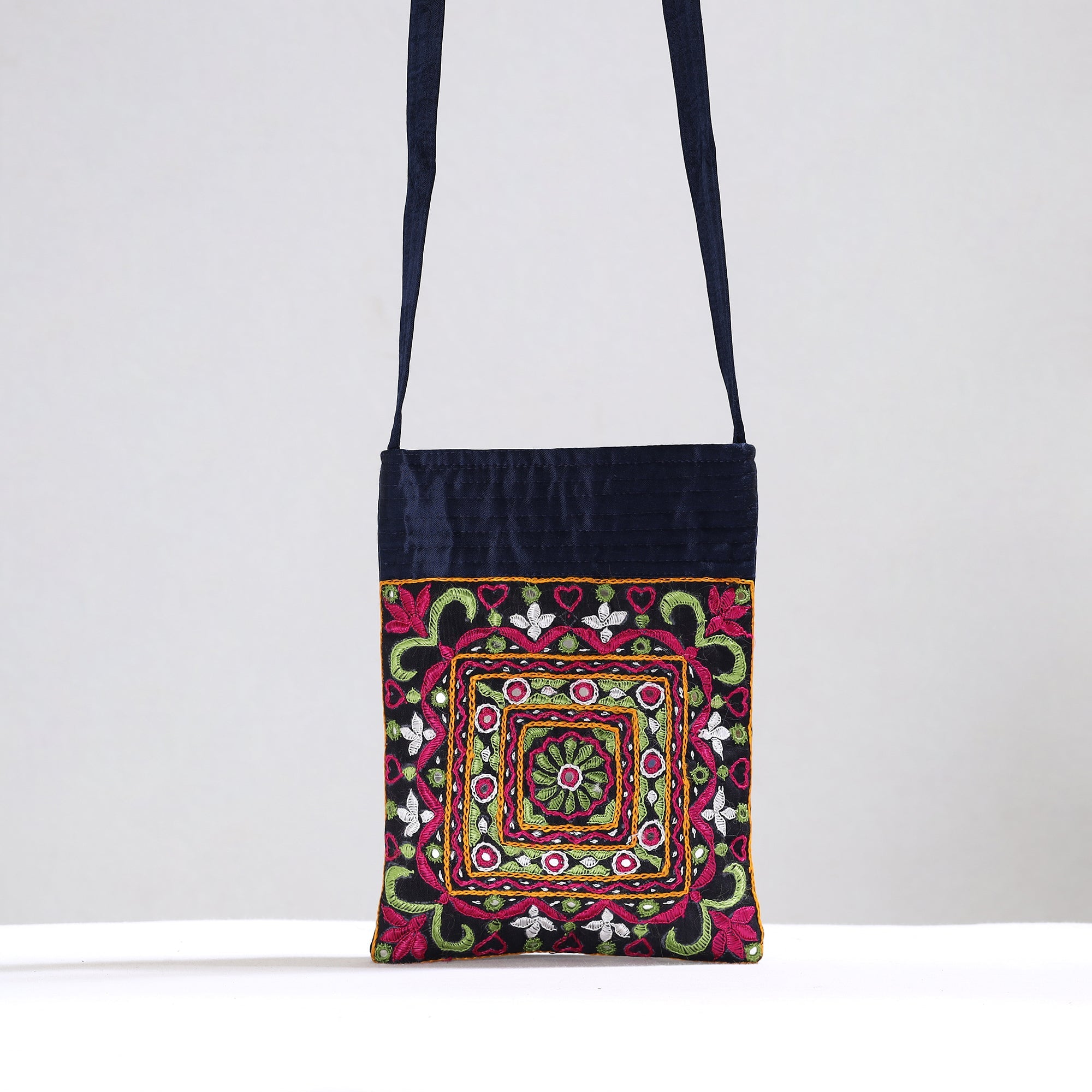KACHCHH JI CHHAAP Black - Kutch Pakko Hand Embroidery Mirror Work Mashru Silk Sling Bag 111