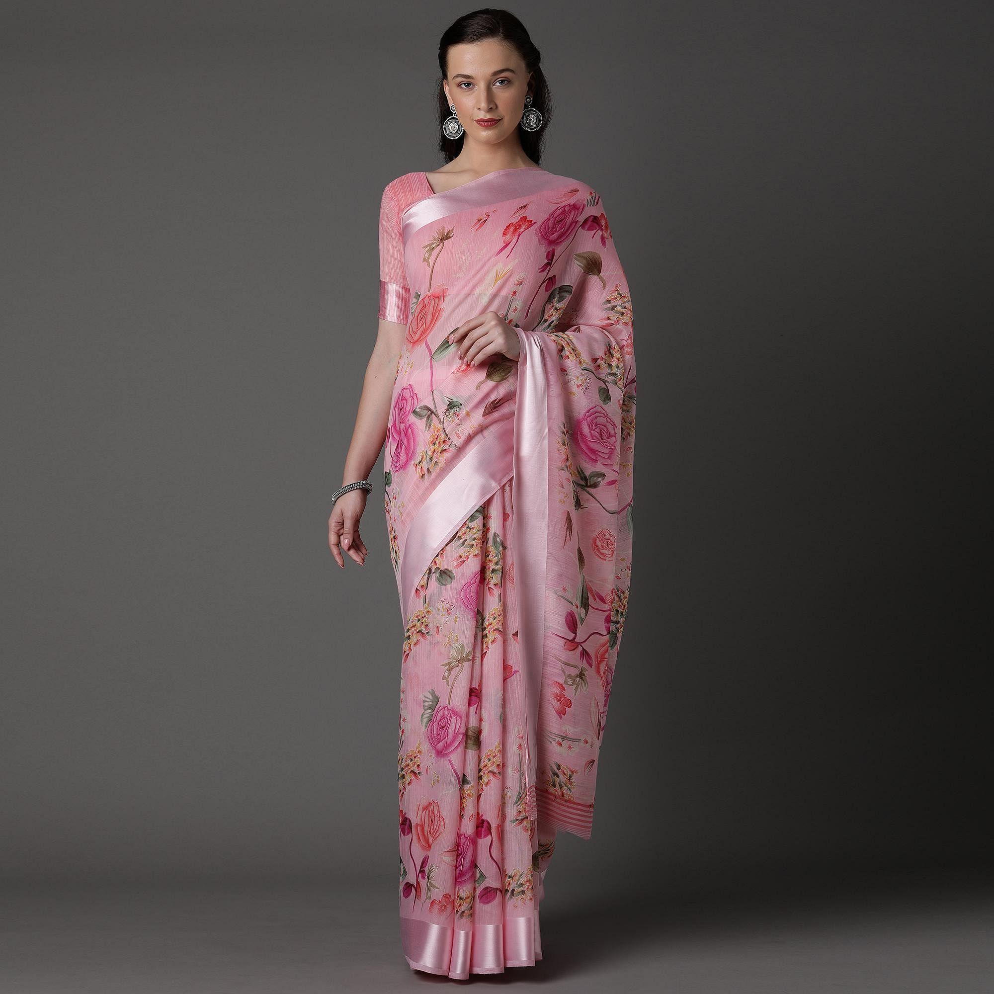 Peachmode Light Pink Casual Cotton Silk with Satin Patta Printed Saree With Unstitched Blouse