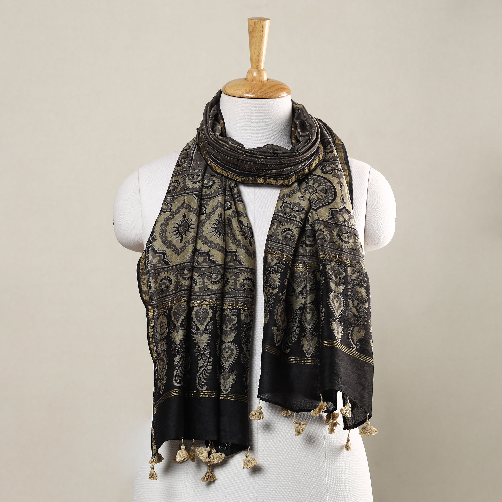 AJRAKH BY SUFIYAN ISMAIL KHATRI Brown - Ajrakh Hand Block Printed Chanderi Silk Handloom Stole with Tassels