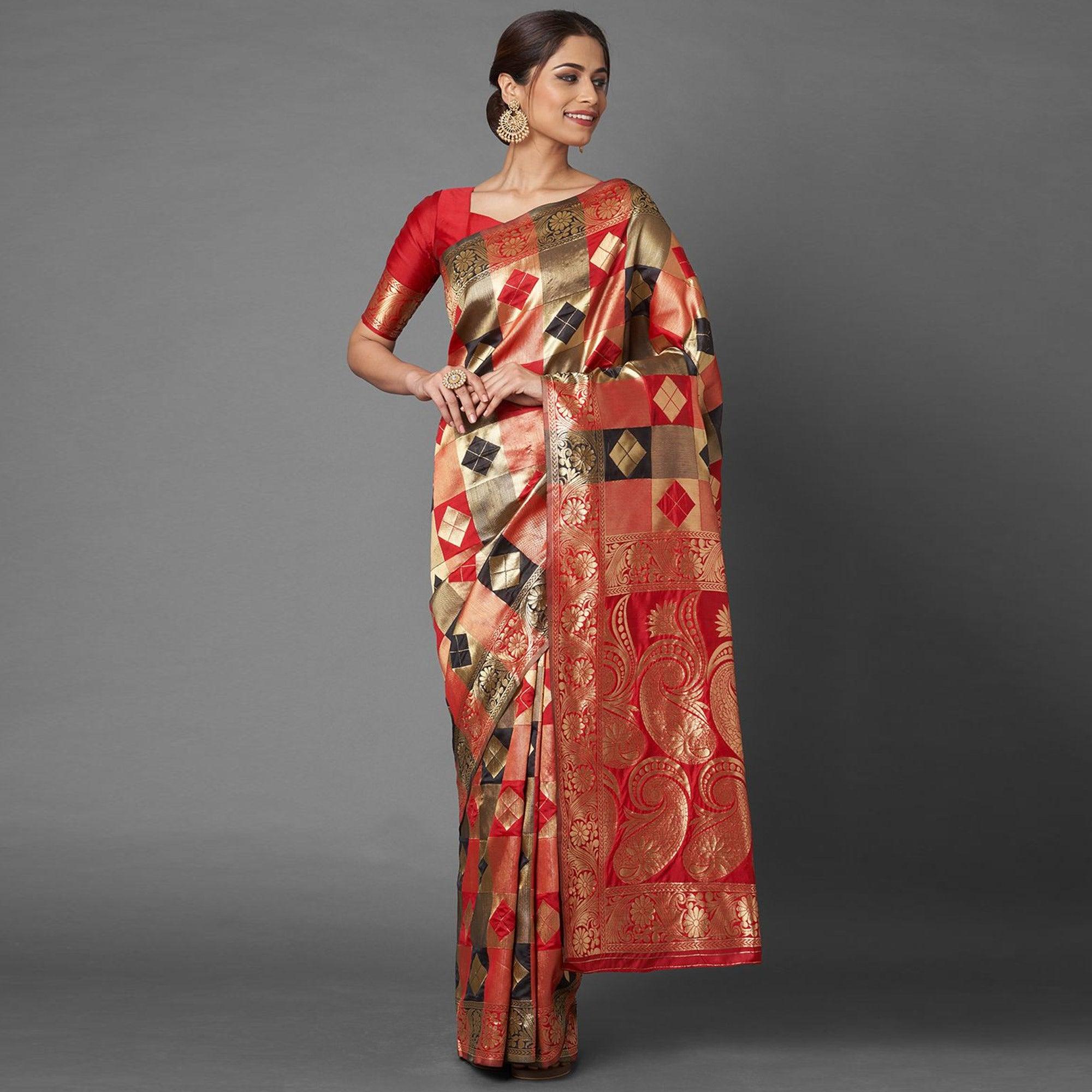 Peachmode Mesmeric Red - Black Colored Festive Wear Woven Silk Blend Saree