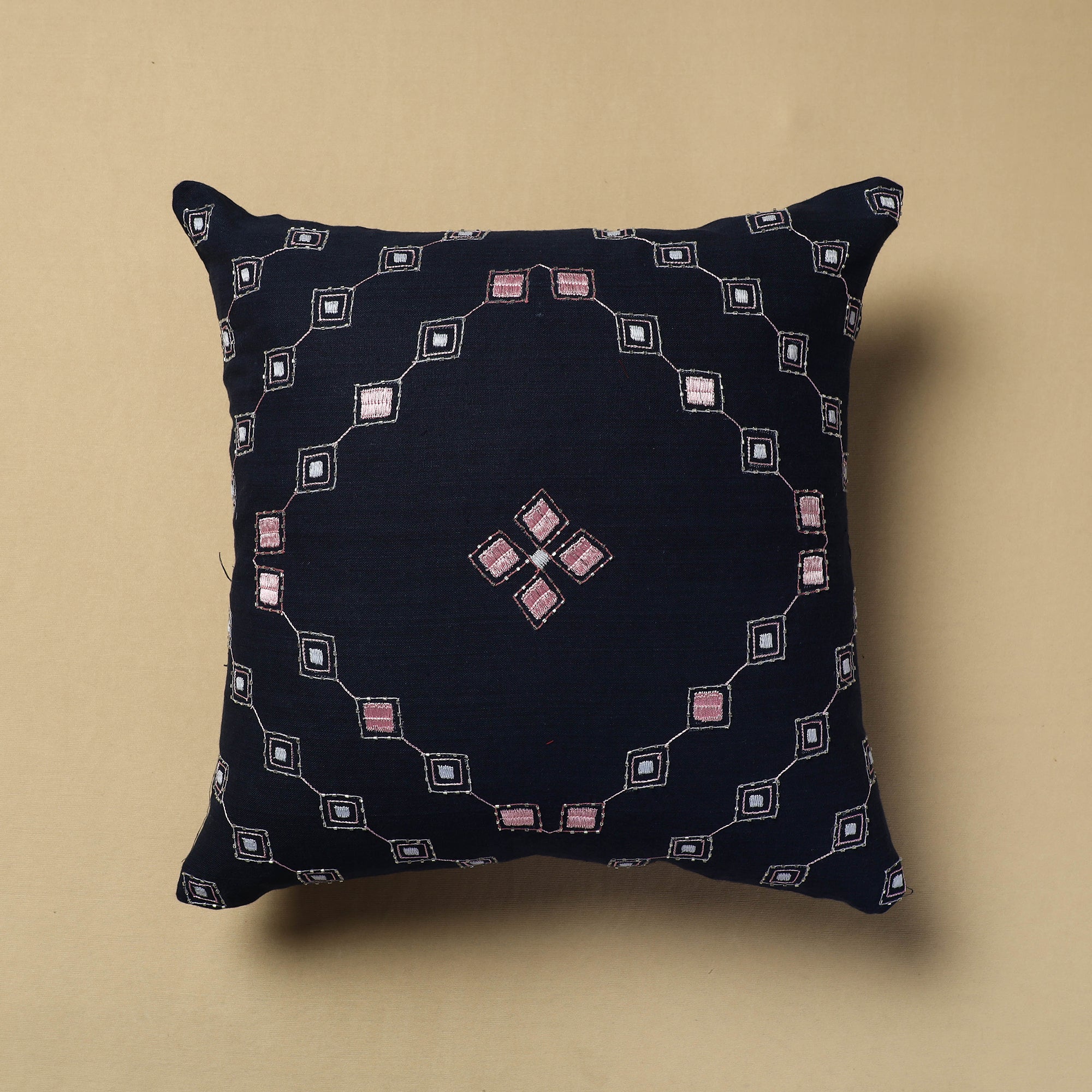 NOORI BAZAR Black - Hand Embroidery Plain Cotton Cushion Cover (16 x 16 in)