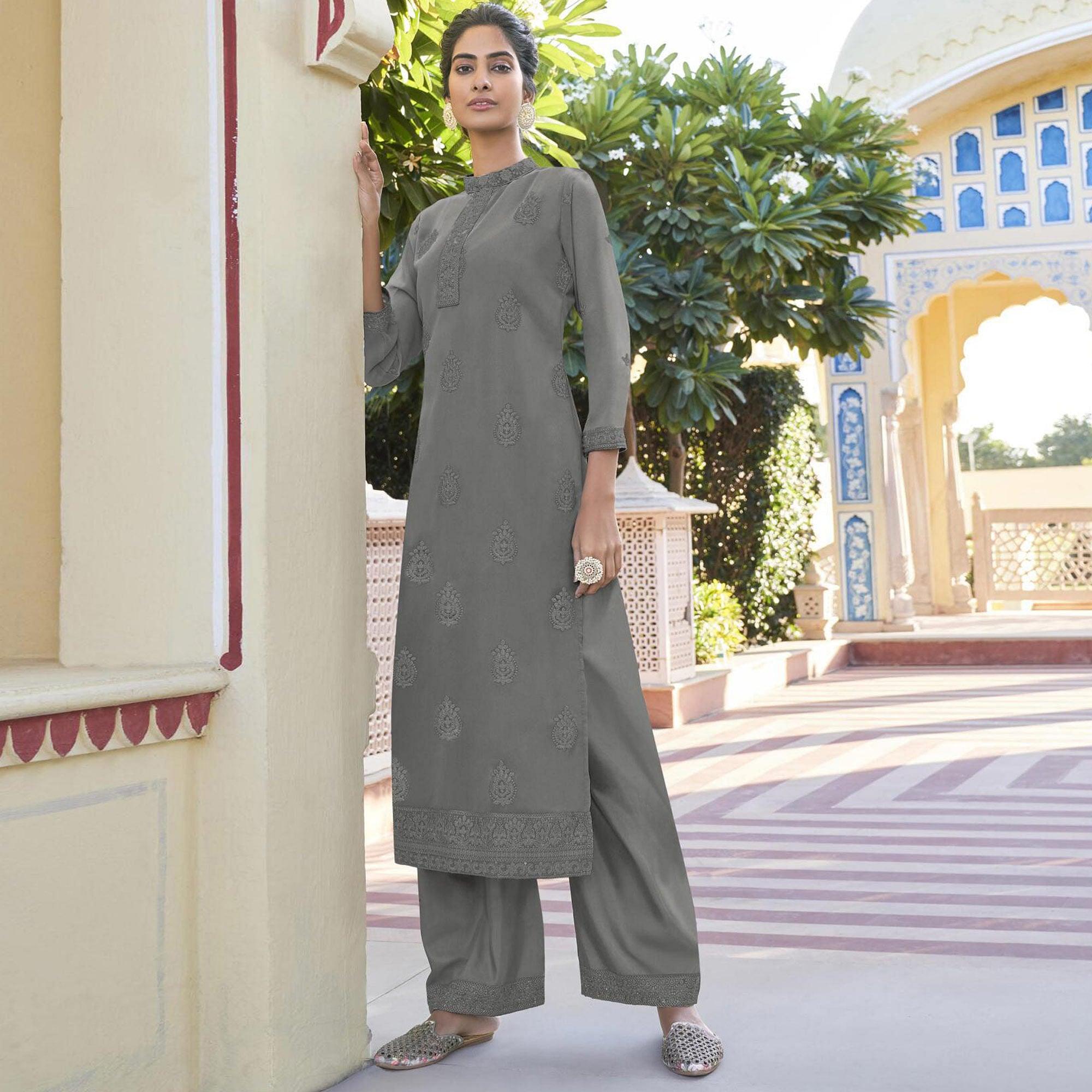 BlackTree grey-lucknowi-embroidered-georgette-kurti-palazzo-set-143133 - view 4