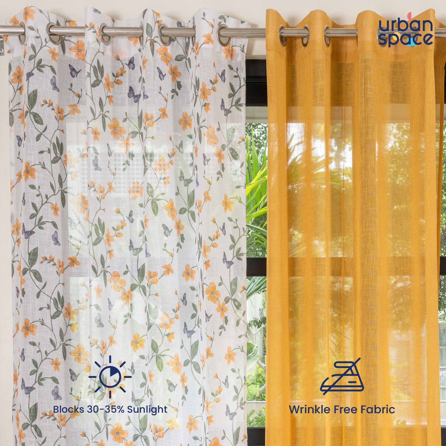 Urban Space -Home Furnishing Store Sheer Curtains Combo, Set of 3 curtains, 35-40% Room Darkening Decorative Curtains - Floral Yellow & Yellow - view 2