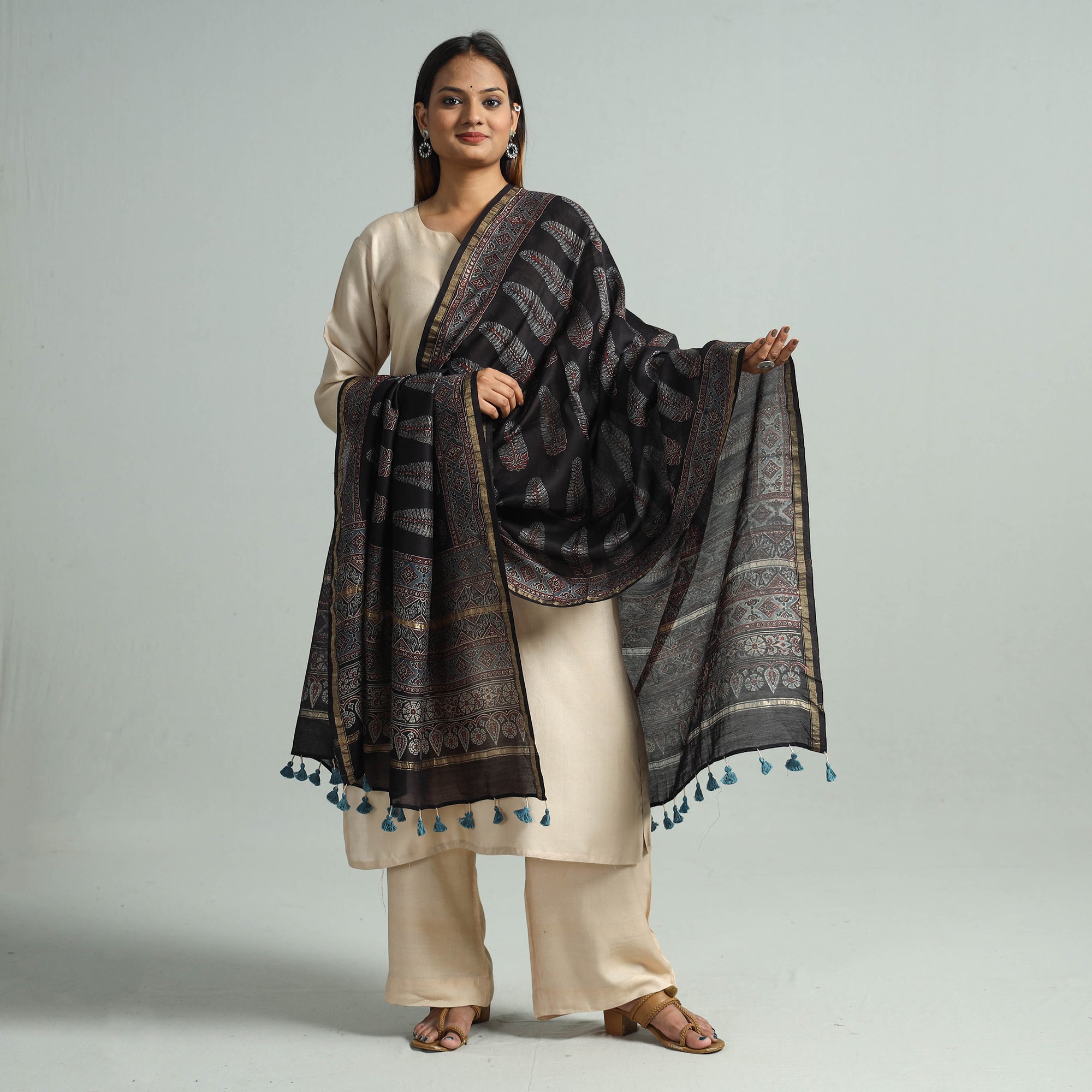 KACHCHH JI CHHAAP Black - Hand Block Print Chanderi Silk Ajrakh Dupatta 54 - view 2