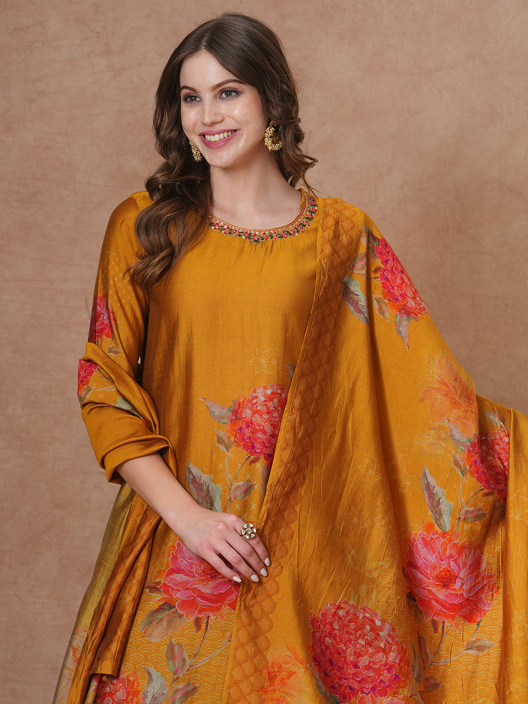 FASHOR Abstract Floral Printed & Embroidered Straight Kurta with Pant and Dupatta - Mustard - view 2