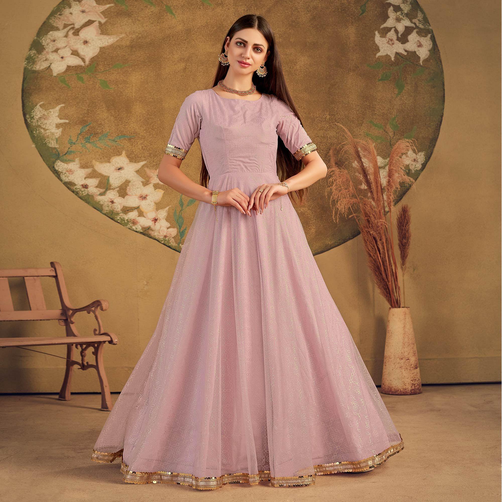 Peachmode Light Pink Partywear Wear Foil Work Net Gown