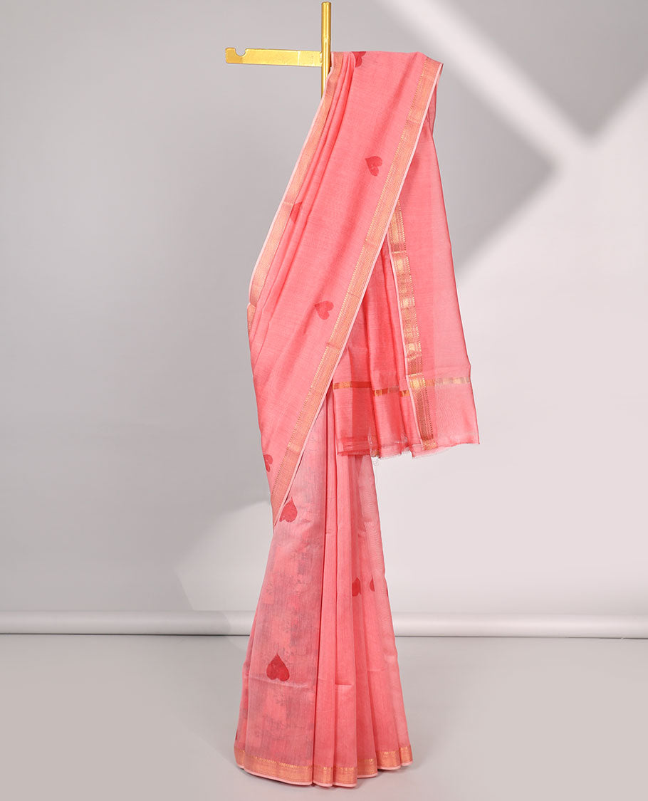 Pothys paech heart motifs chanderi cotton saree with self zari border & striped zari pallu - view 2