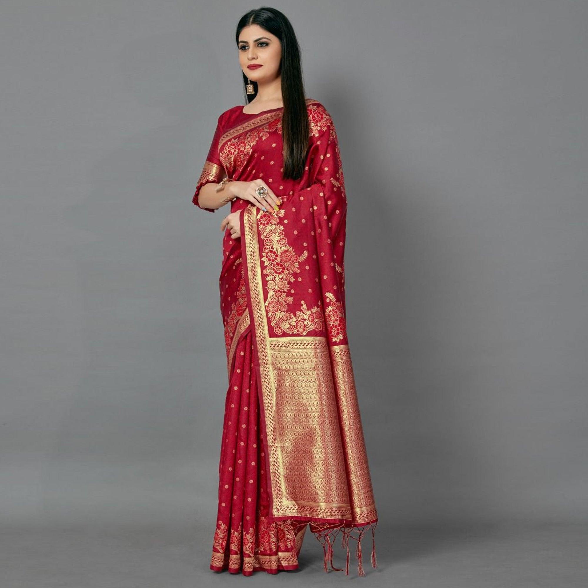 Peachmode Maroon Casual Silk Blend Printed Saree With Unstitched Blouse - view 2