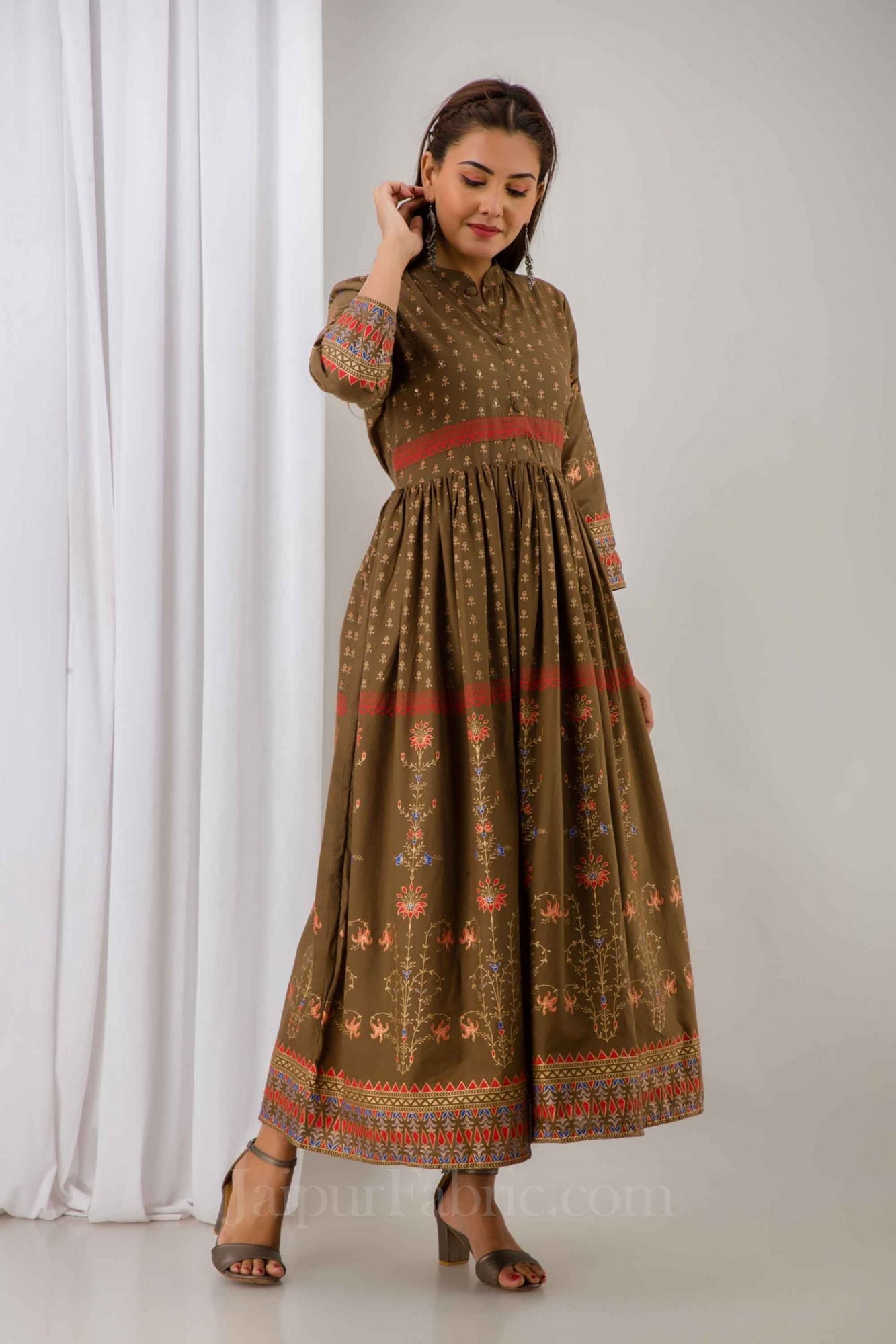 JaipurFabric® Women Brown Cotton Long Flared Kurti - view 7
