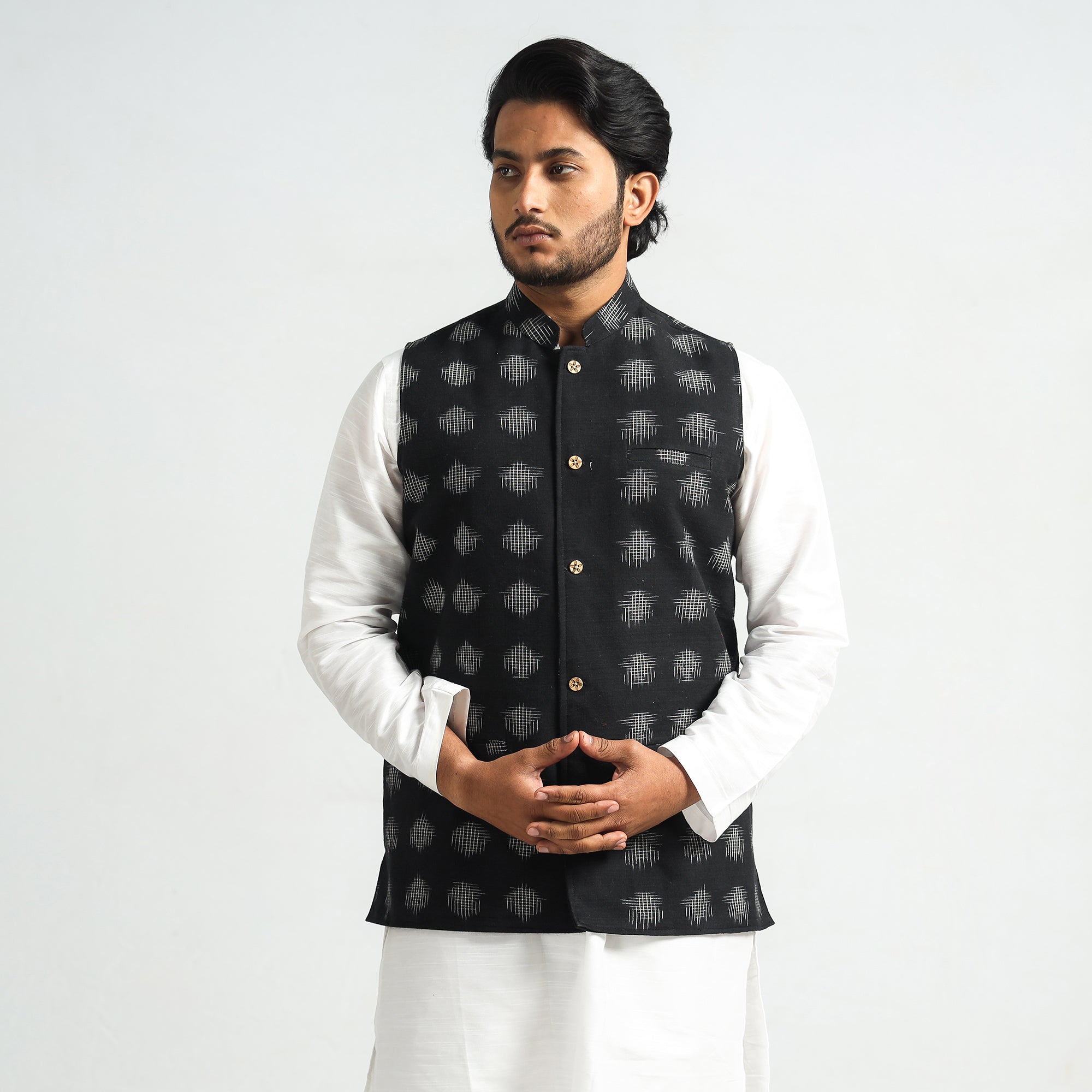 ITOKRI CASUALS Black - Pochampally Double Ikat Handloom Cotton Men Nehru Jacket - view 2