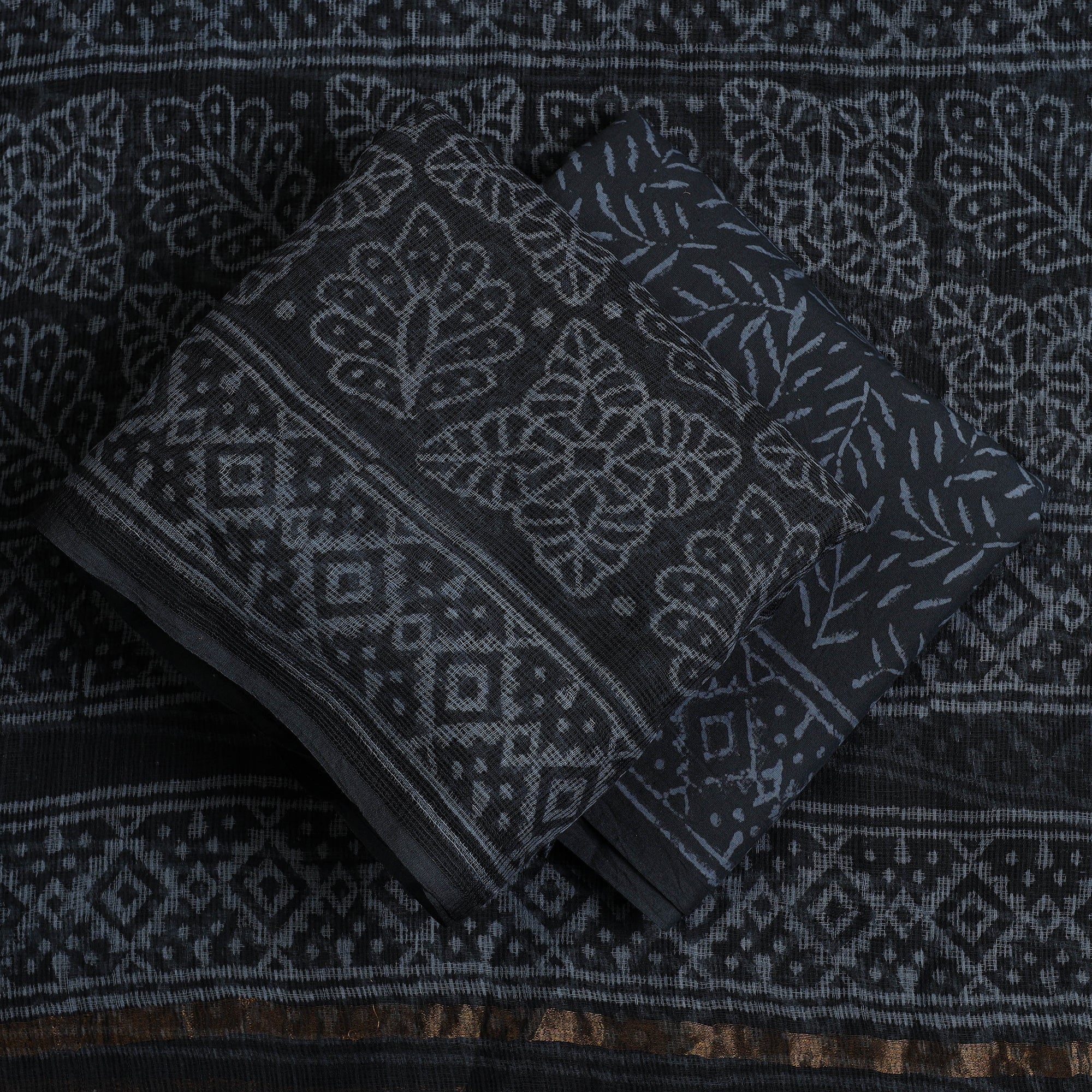 ARTISAN HAND BLOCK PRINTS Black - 3pc Block Print Kota Cotton Batik Dress Material 03 - view 2