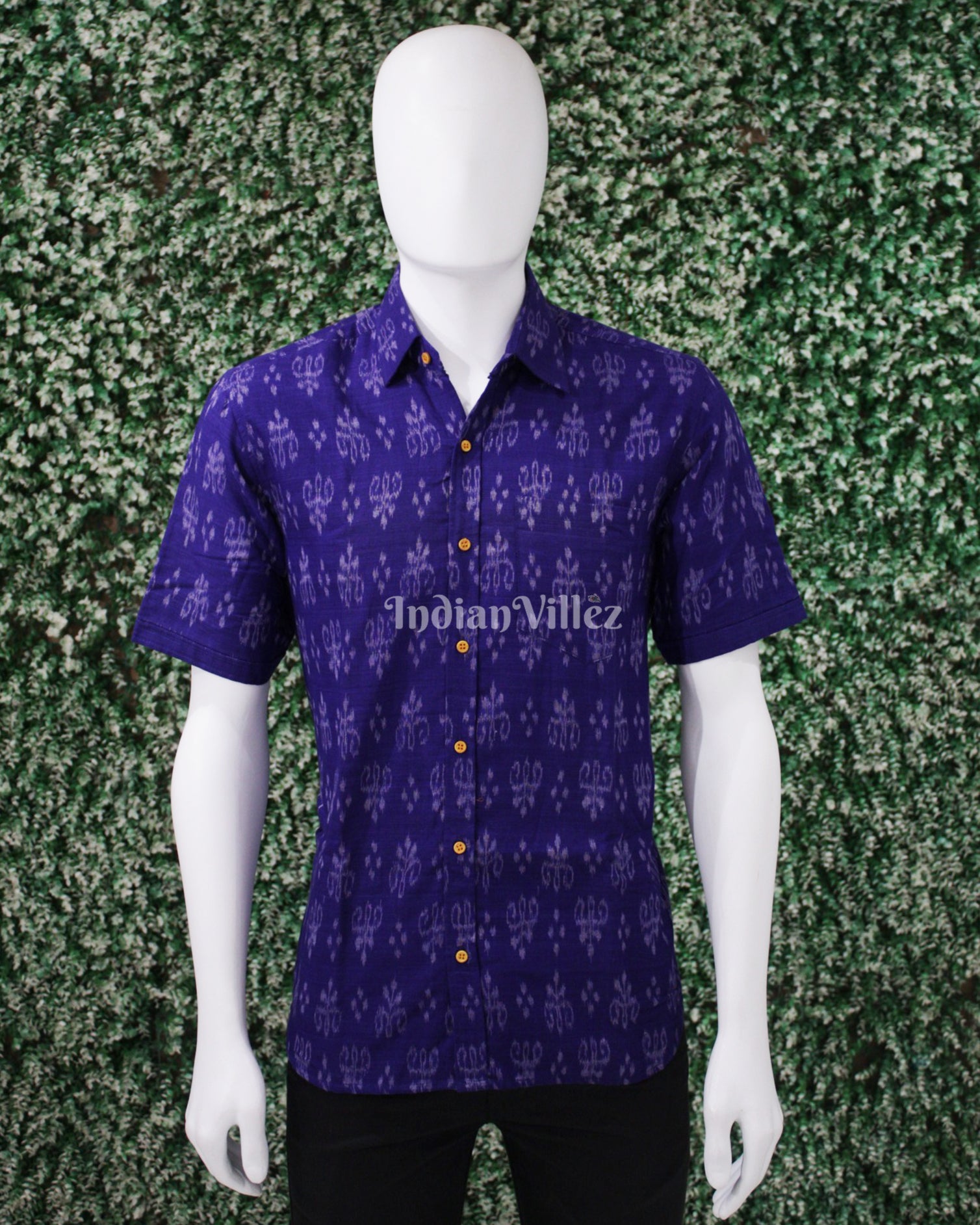 IndianVillèz Blue Odisha Ikat Cotton Half Sleeve Shirt for Men