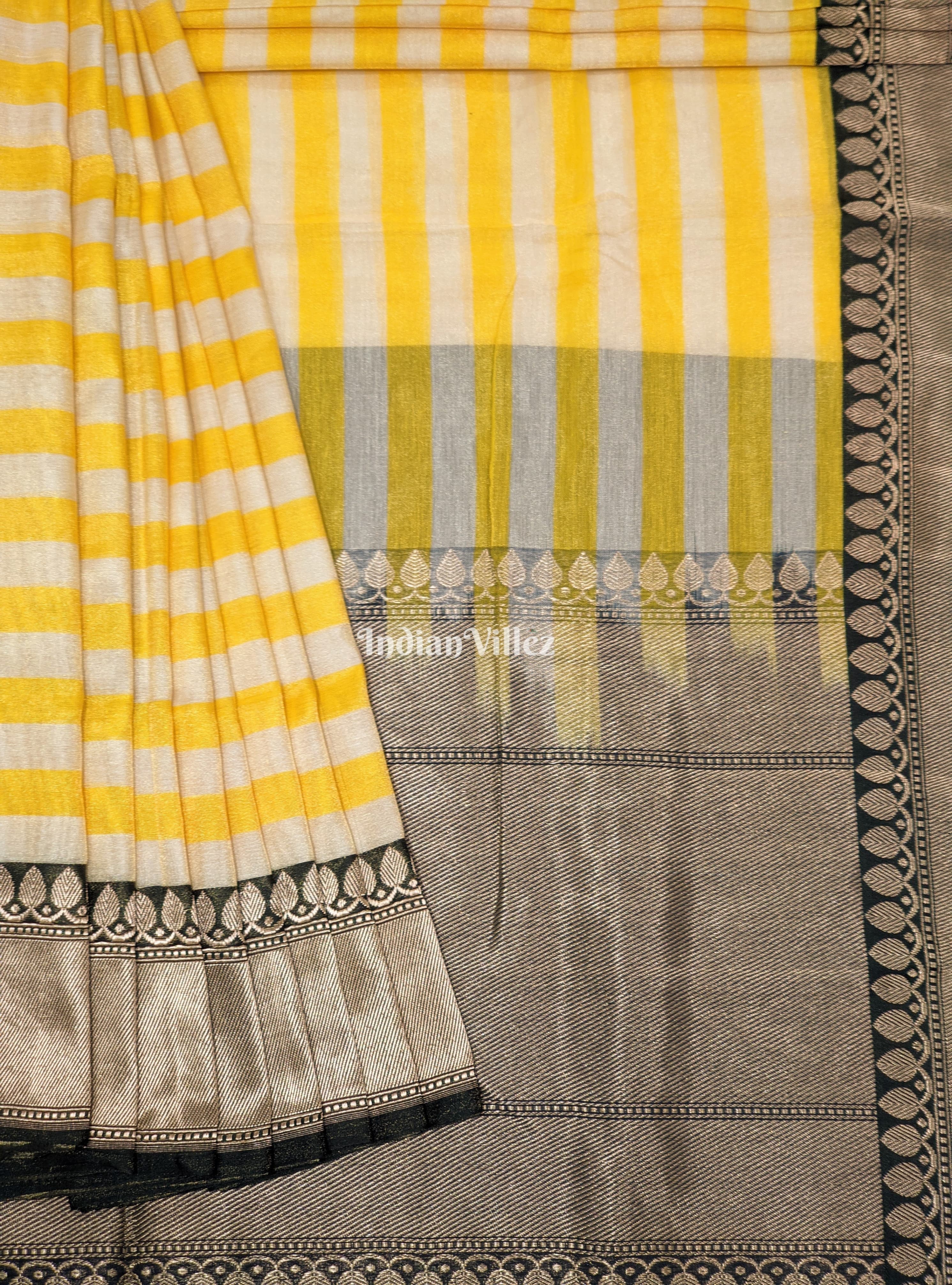 IndianVillèz Yellow Stripes Pattern Designer Banarasi Tissue Saree