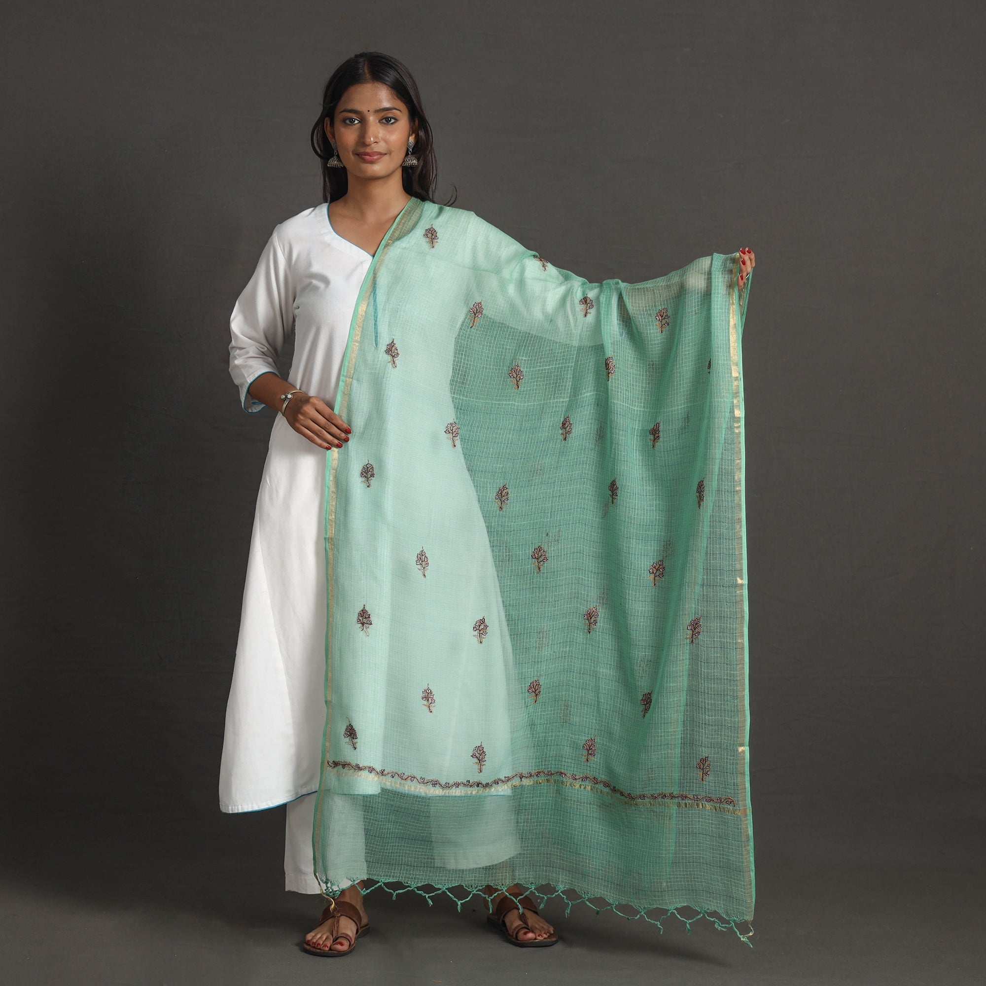 ITOKRI CRAFTS INITIATIVE Kota Doria Silk Cotton Kashida Embroidery Dupatta 56