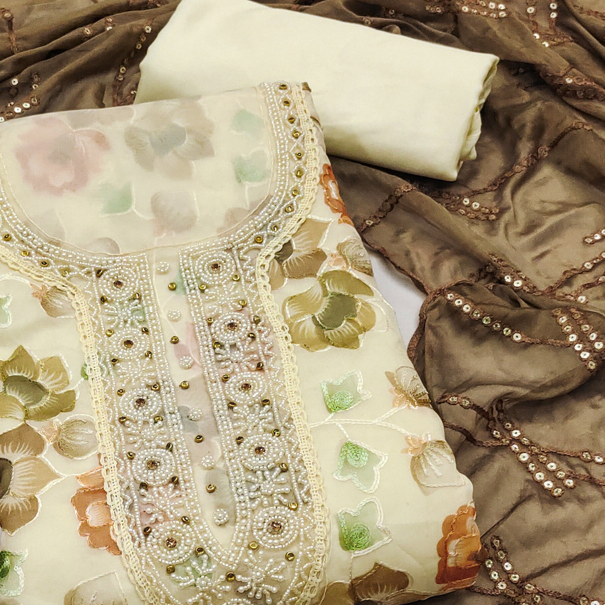 Peachmode Light Yellow Hand Embroidery With Digital Printed Organza Dress Material - view 2