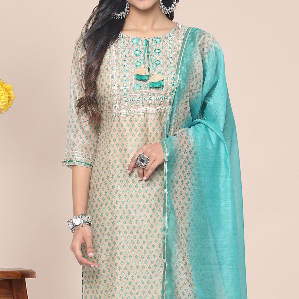 Peachmode Cream Patywear Embroidered Muslin Kurti Pant Set With Dupatta - view 5