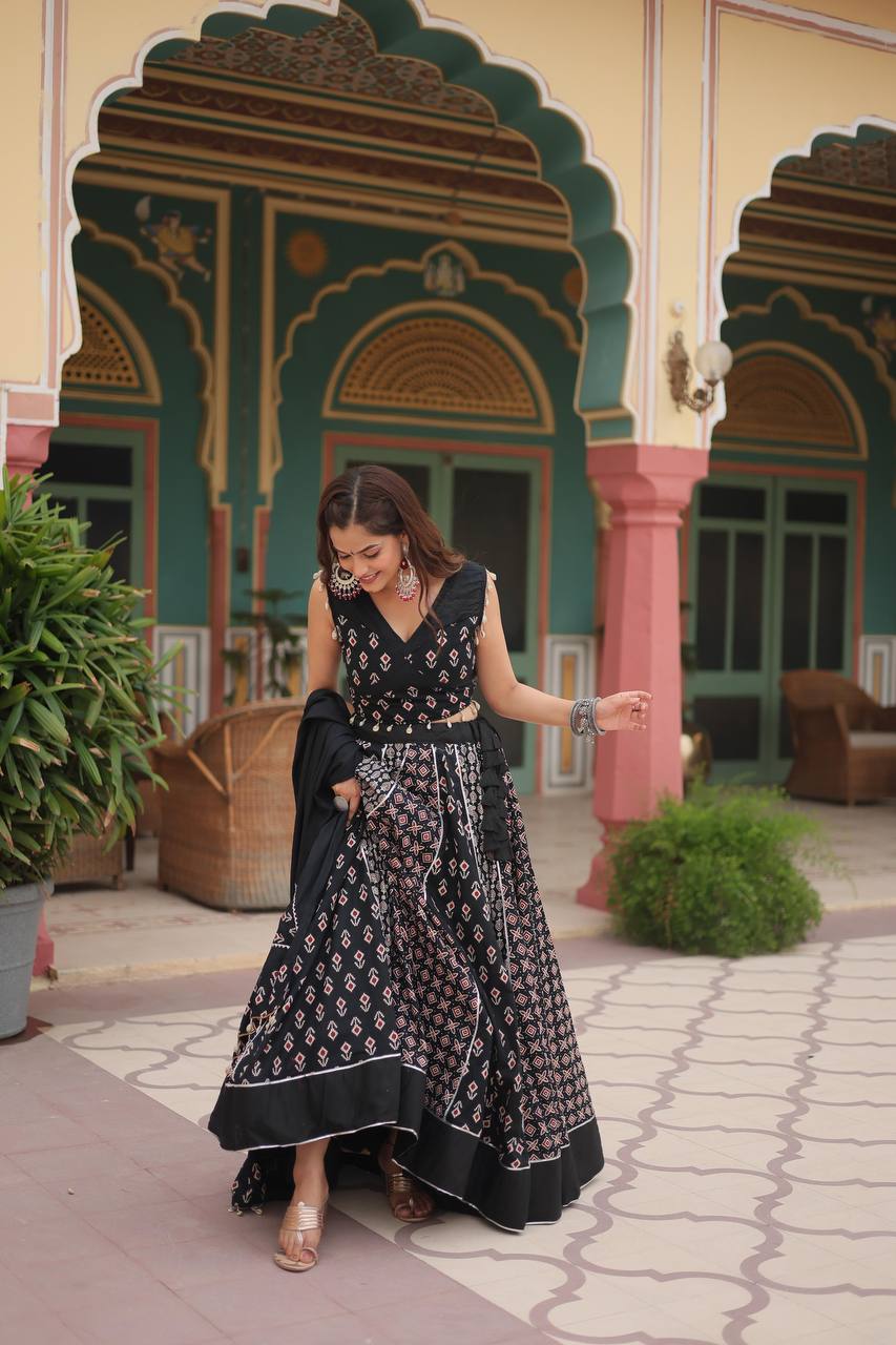 ClothsVilla Black Elegant Printed Rayon Lehenga Set with Gota Patti Lace and Kali Pattern
