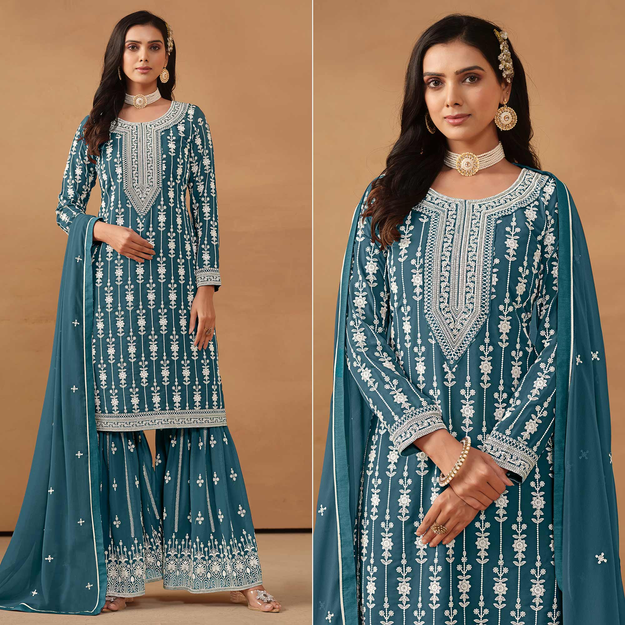 Peachmode Dusty Turquoise Floral Embroidered Georgette Semi Stithed Sharara Suit