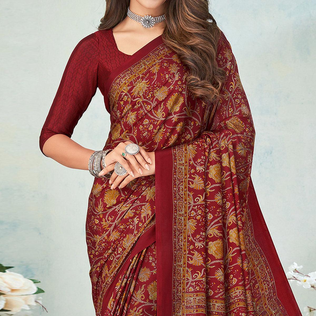 Peachmode Maroon Printed Raw Silk Saree – Women's - view 2