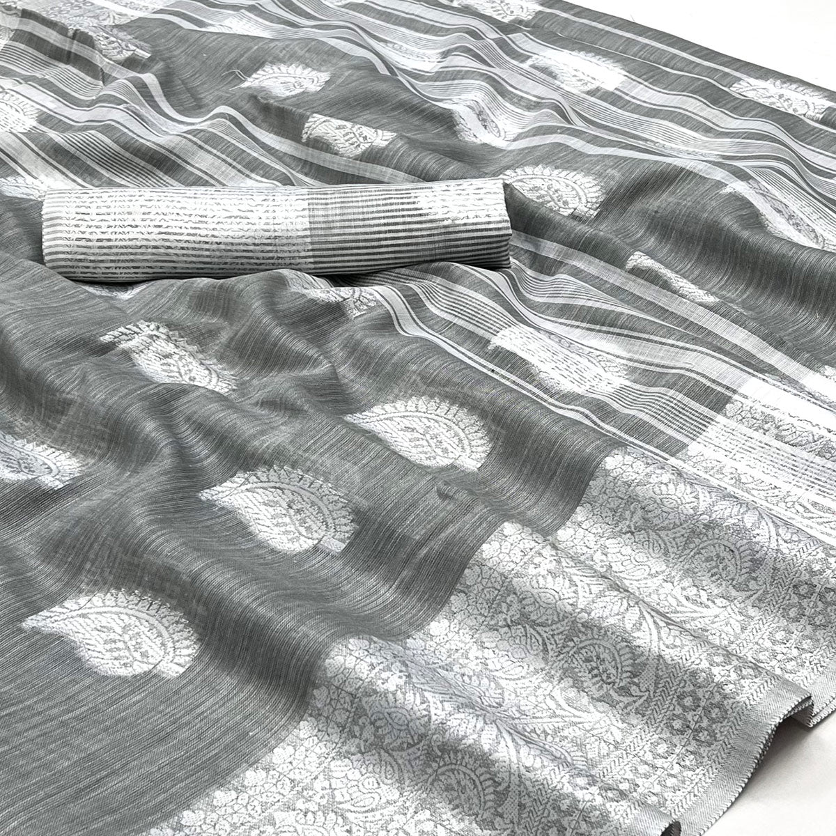Peachmode Grey Woven Linen Saree – Women's - view 2