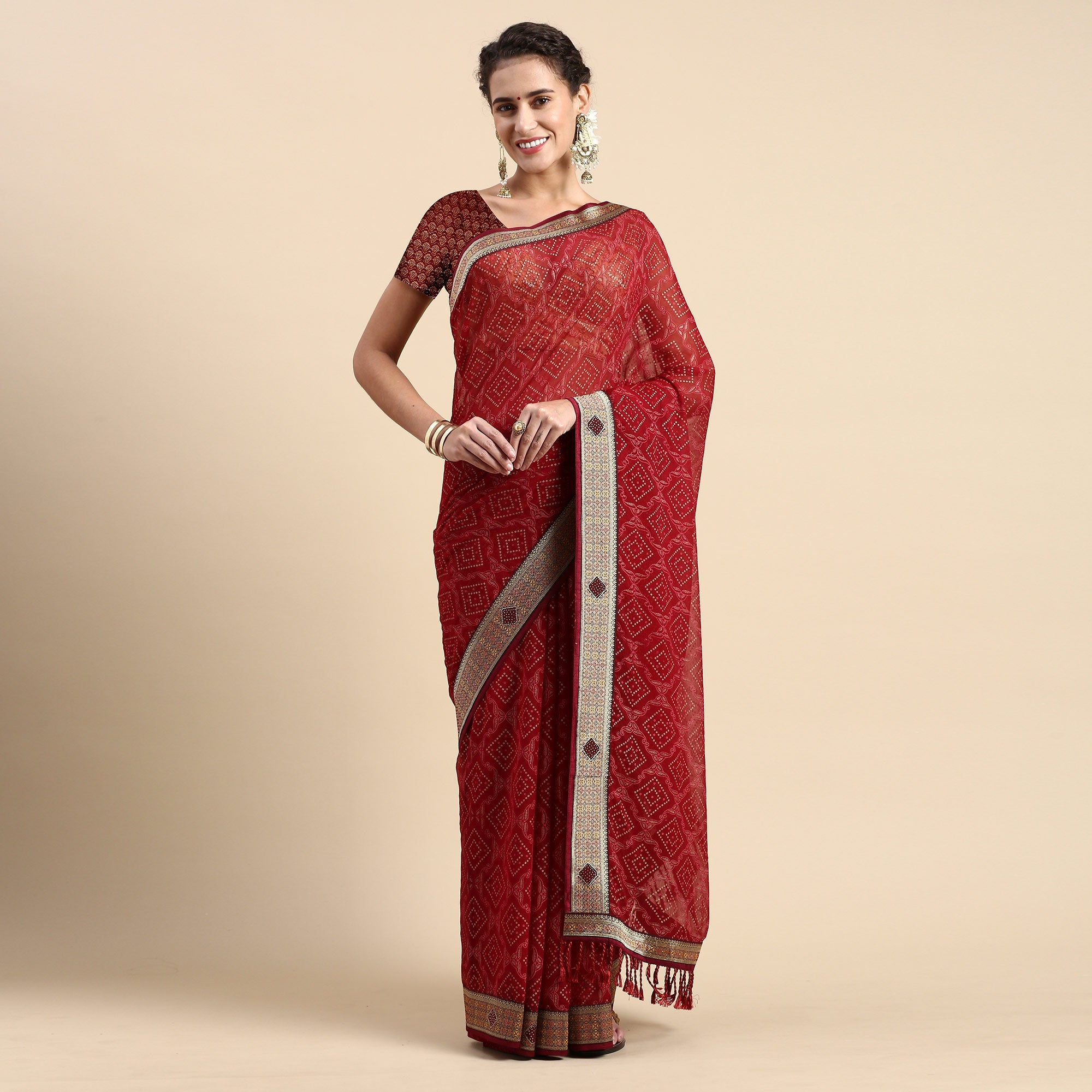 Peachmode Maroon Foil Printed With Fancy Border Chiffon Saree - view 2