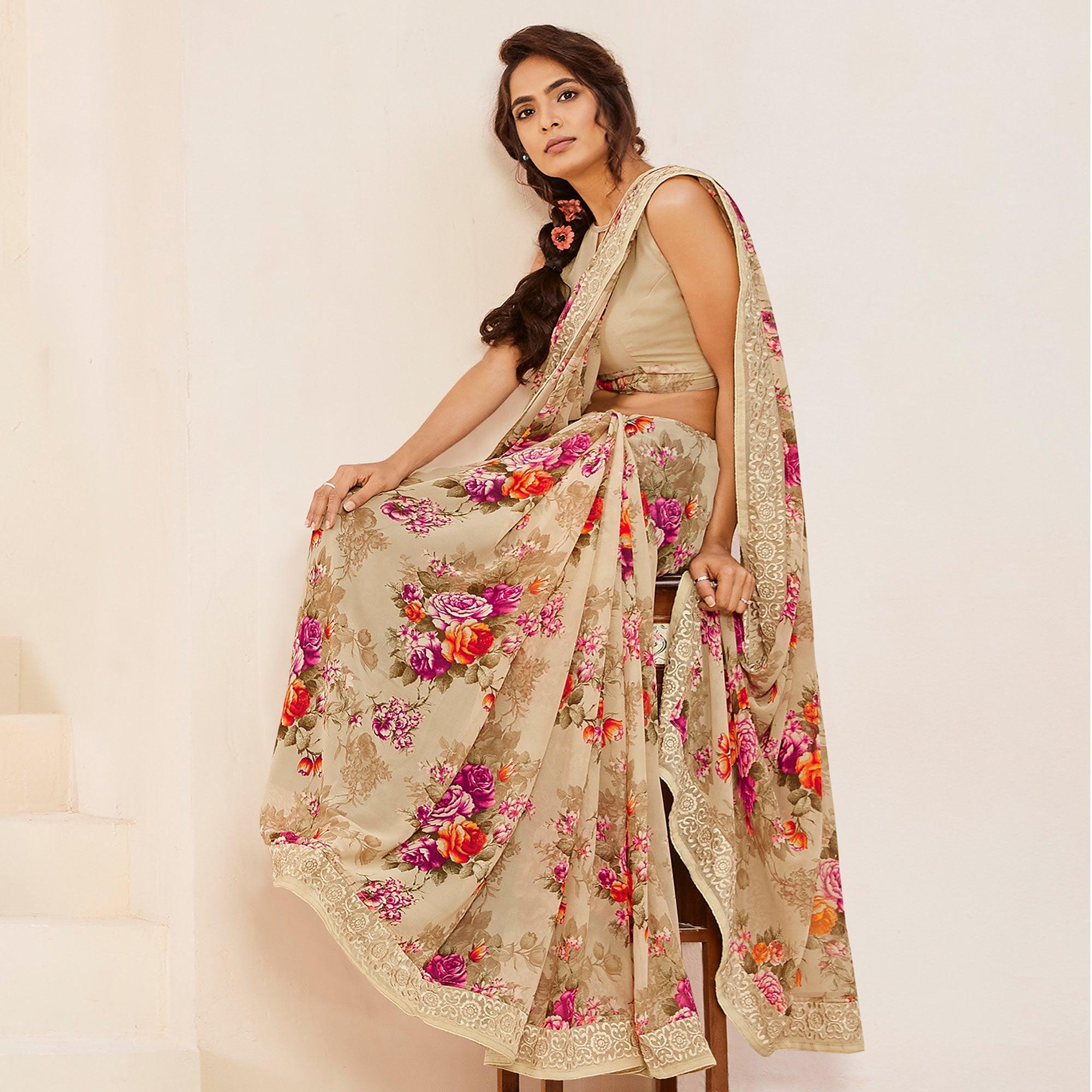 Peachmode Intricate Beige Colored Casual Wear Floral Printed Georgette Saree
