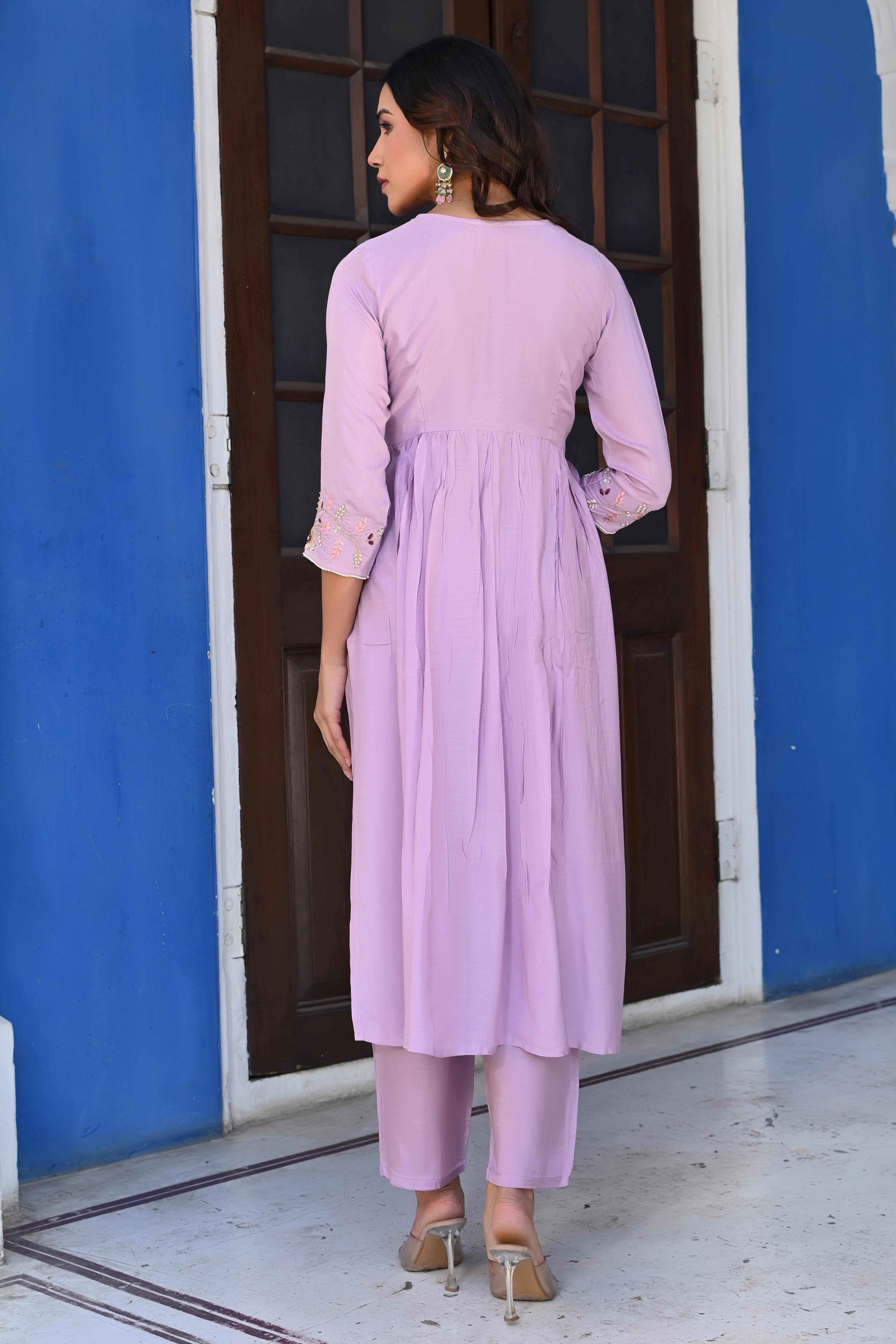 Peachmode Lavender Floral Embroidered Muslin Anarkali Salwar Suit - view 6