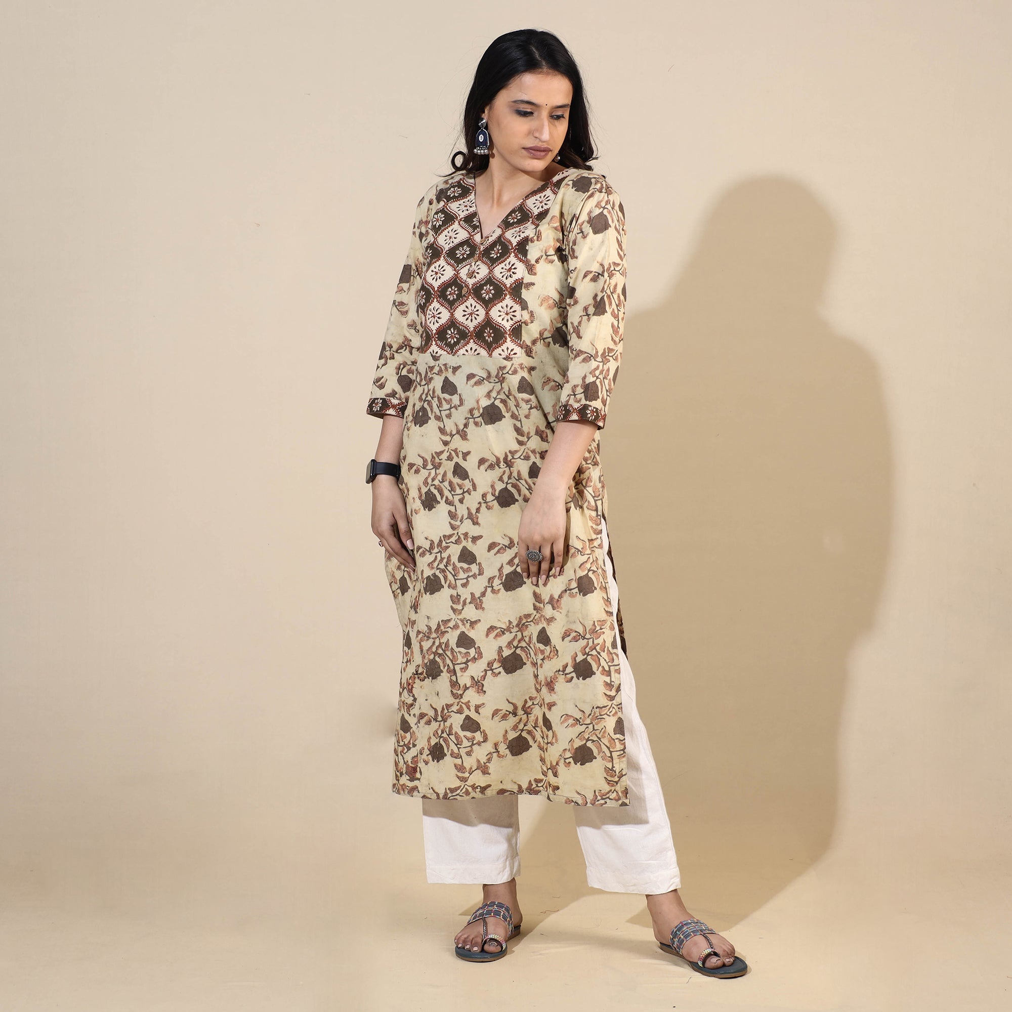 ITOKRI CASUALS Beige - Bagru Hand Block Printed Cotton Long Kurta - view 3