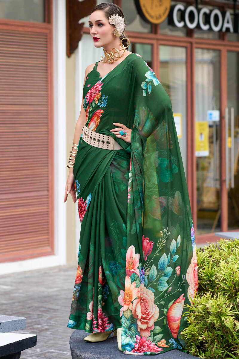 Rajpath Trendy Dark Green Digital Printed Georgette Saree With Enamoring Blouse Piece