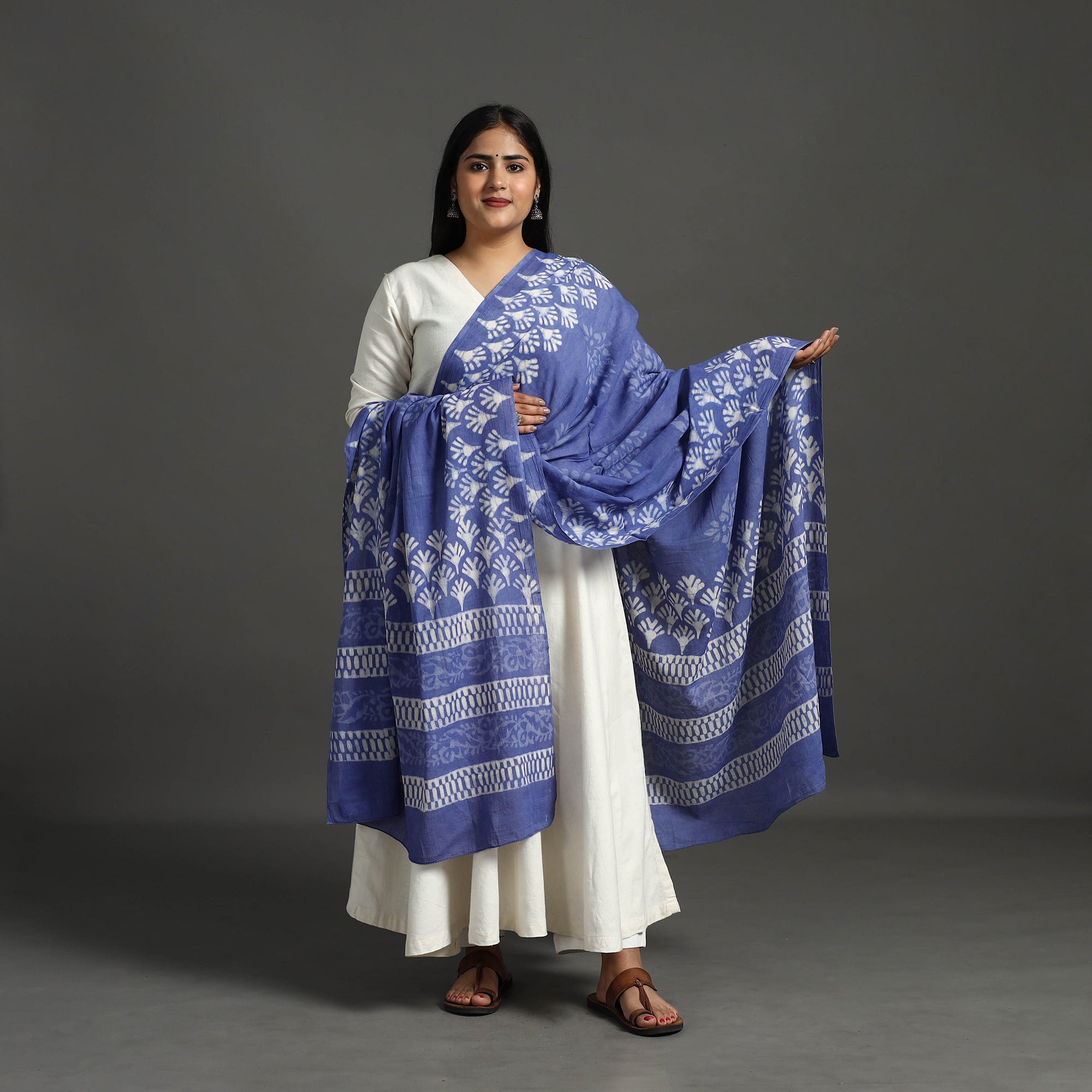 BAGRU DABU PRINTS Blue - Block Print Mul Cotton Dabu Bagru Dupatta 02