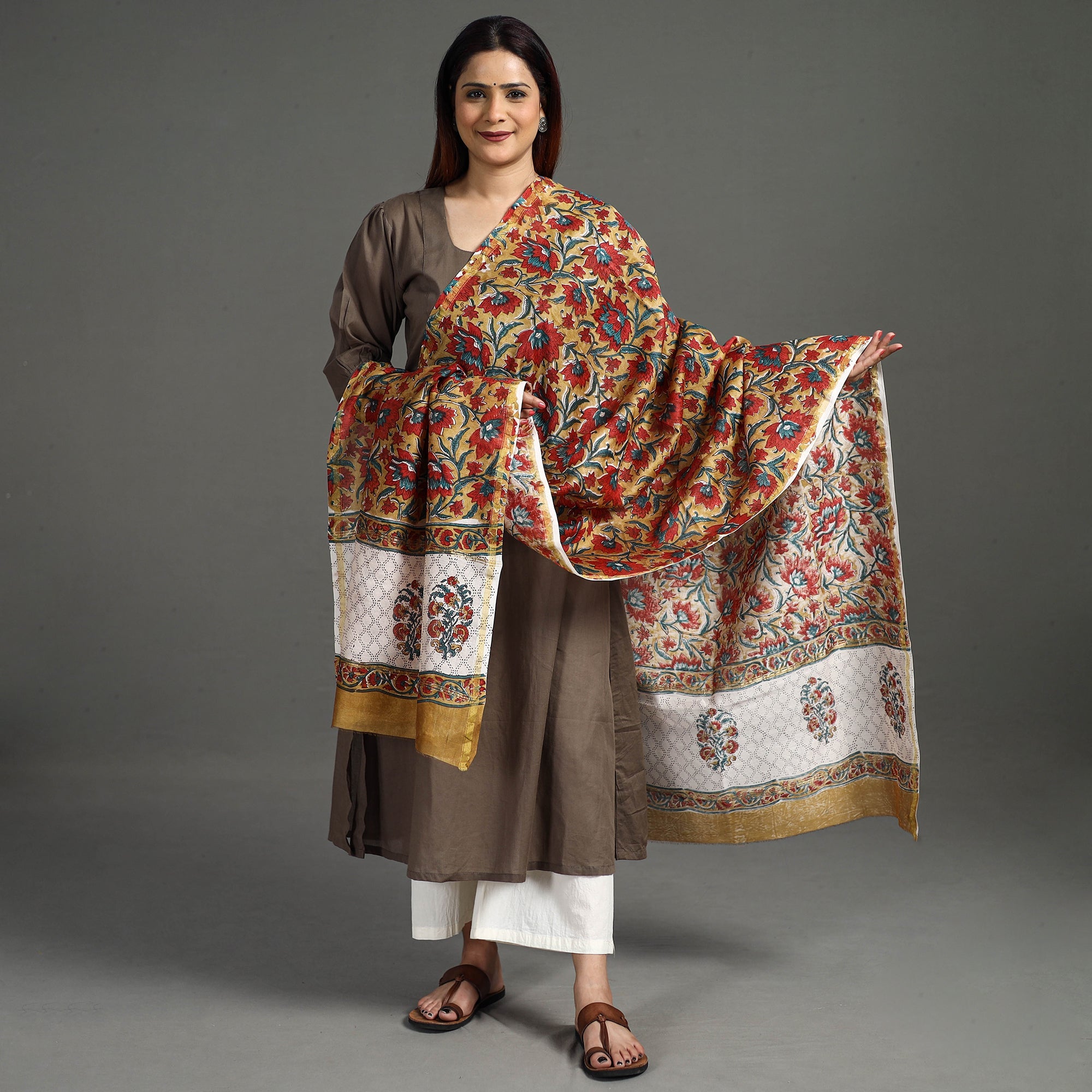ARTISAN HAND BLOCK PRINTS Brown - Handloom Chanderi Silk Sanganeri Print Dupatta 35