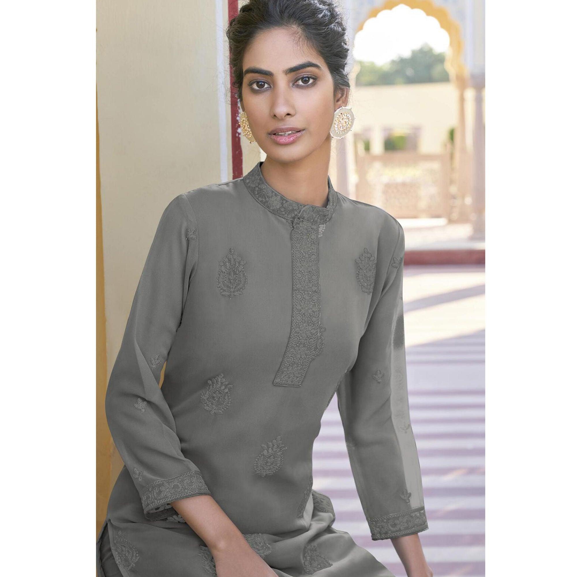 BlackTree grey-lucknowi-embroidered-georgette-kurti-palazzo-set-143133 - view 2