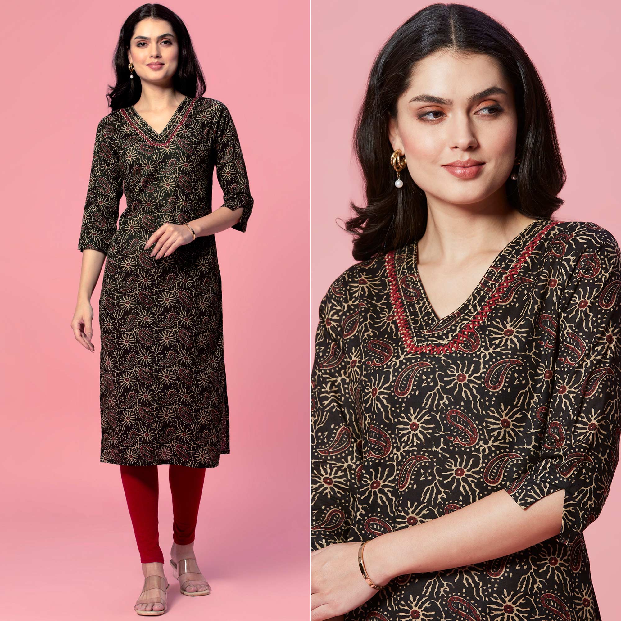 Peachmode Black Floral Printed Pure Cotton Straight Kurti