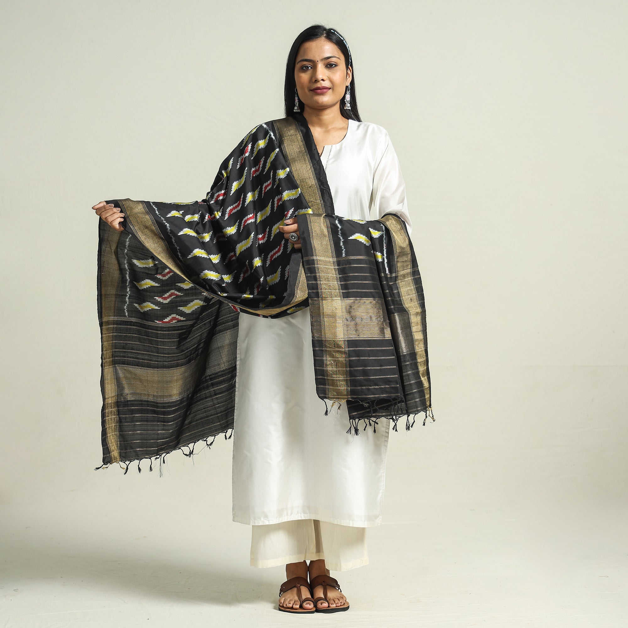 IKAT WEAVES BY EDEM CHANDANA Black - Handwoven Pochampally Ikat Pure Mulberry Silk Dupatta with Tassels - view 2