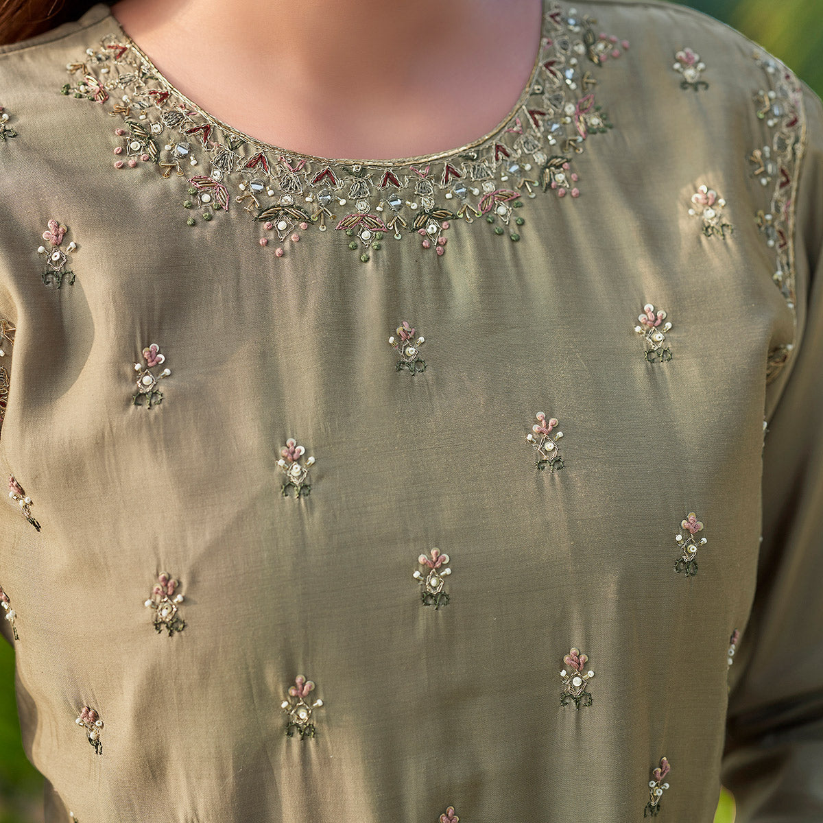 Peachmode Brown Floral Embroidered Pure Silk Anarkali Suit - view 4