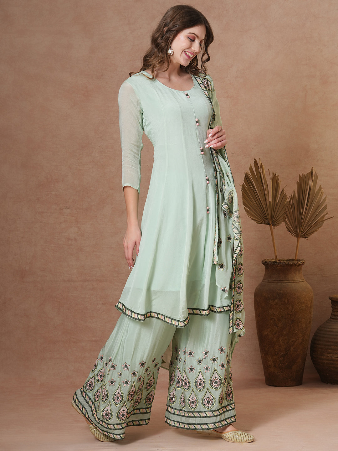 FASHOR Floral & Embroidered Anarkali Kurta with Palazzo & Dupatta - Mint Green