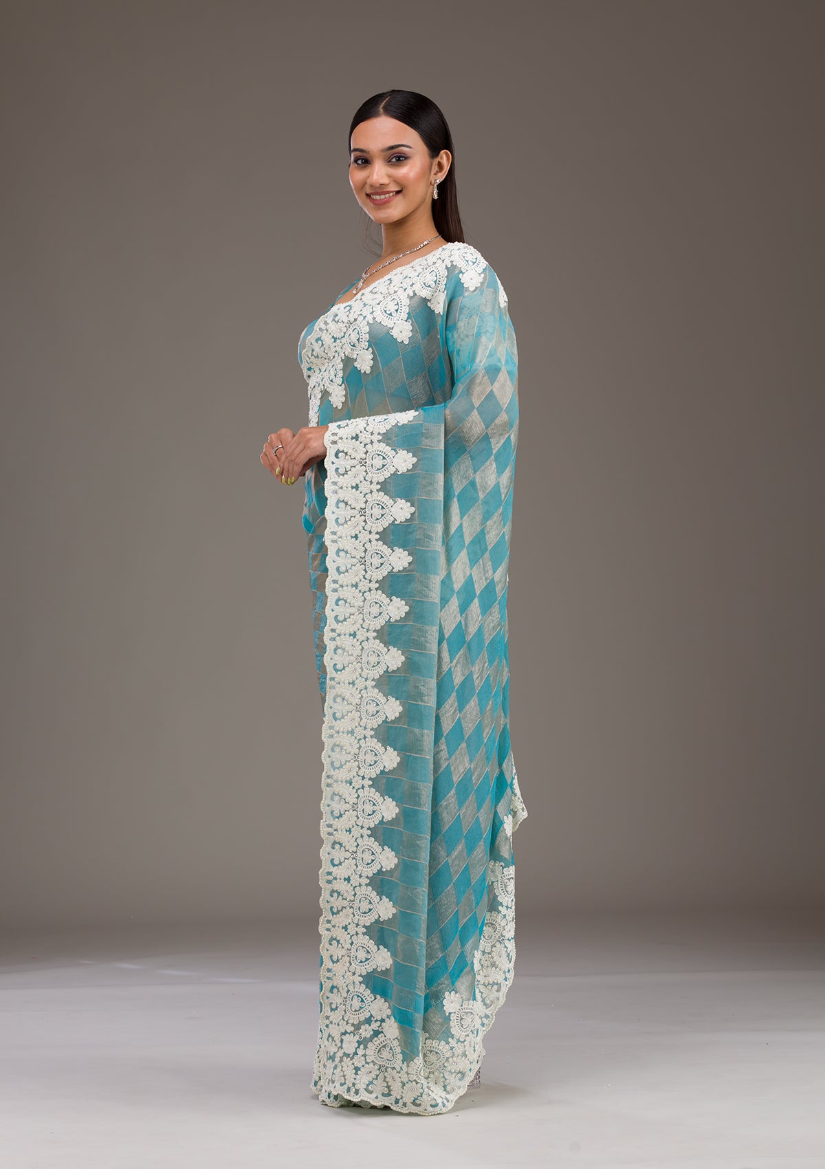 Koskii Turquoise Blue Pearlwork Tissue Saree – Women's - view 6